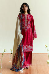 ZARA SHAH JAHAN - 3PC DHANAK EMBROIDERED SHIRT WITH TWILL PRINTED SHAWL AND TROUSER - ZN-1151