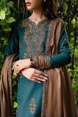 JAZMIN - 3PC DHANAK EMBROIDERED SHIRT WITH DHANAK EMBROIDERED SHAWL AND TROUSER - ZN-1157