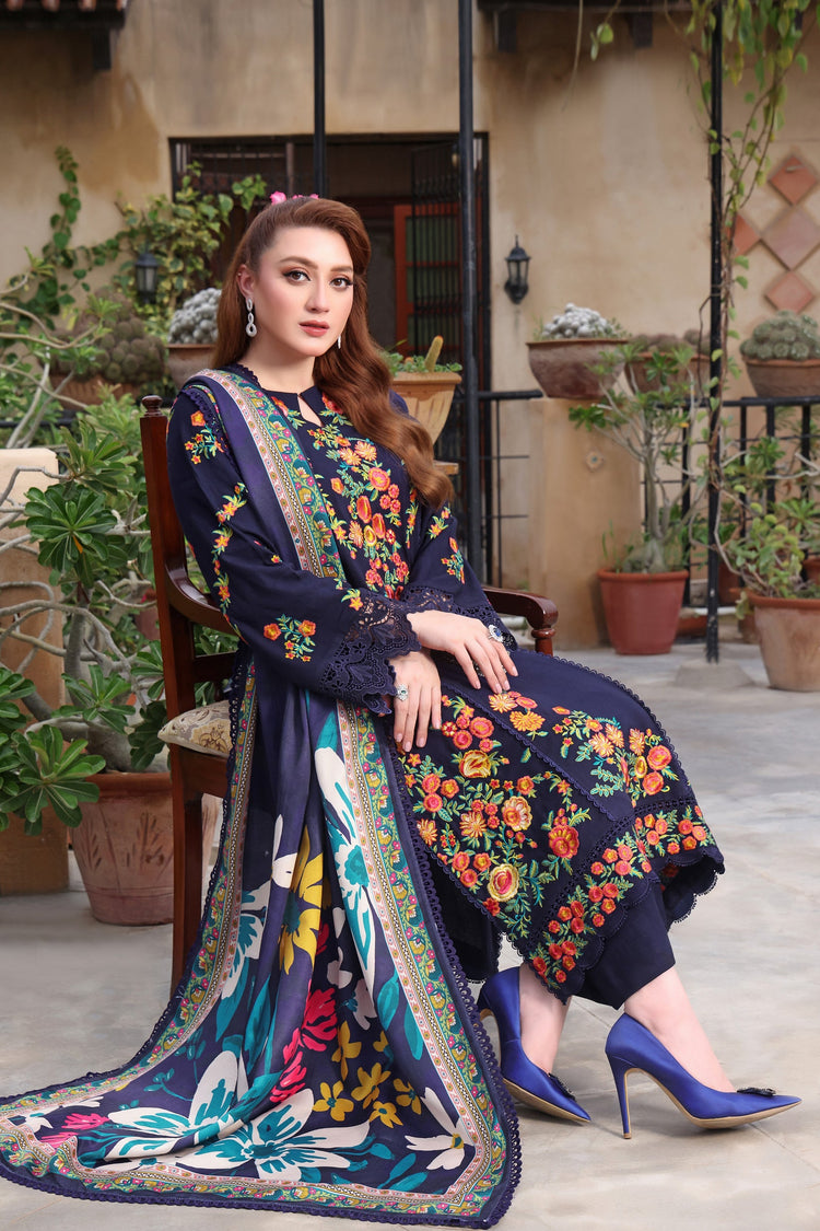 Asim Jofa-3PC DHANAK EMBROIDERED SHIRT WITH PRINTED PASHMINA SHAWL AND TROUSER ZDH-513