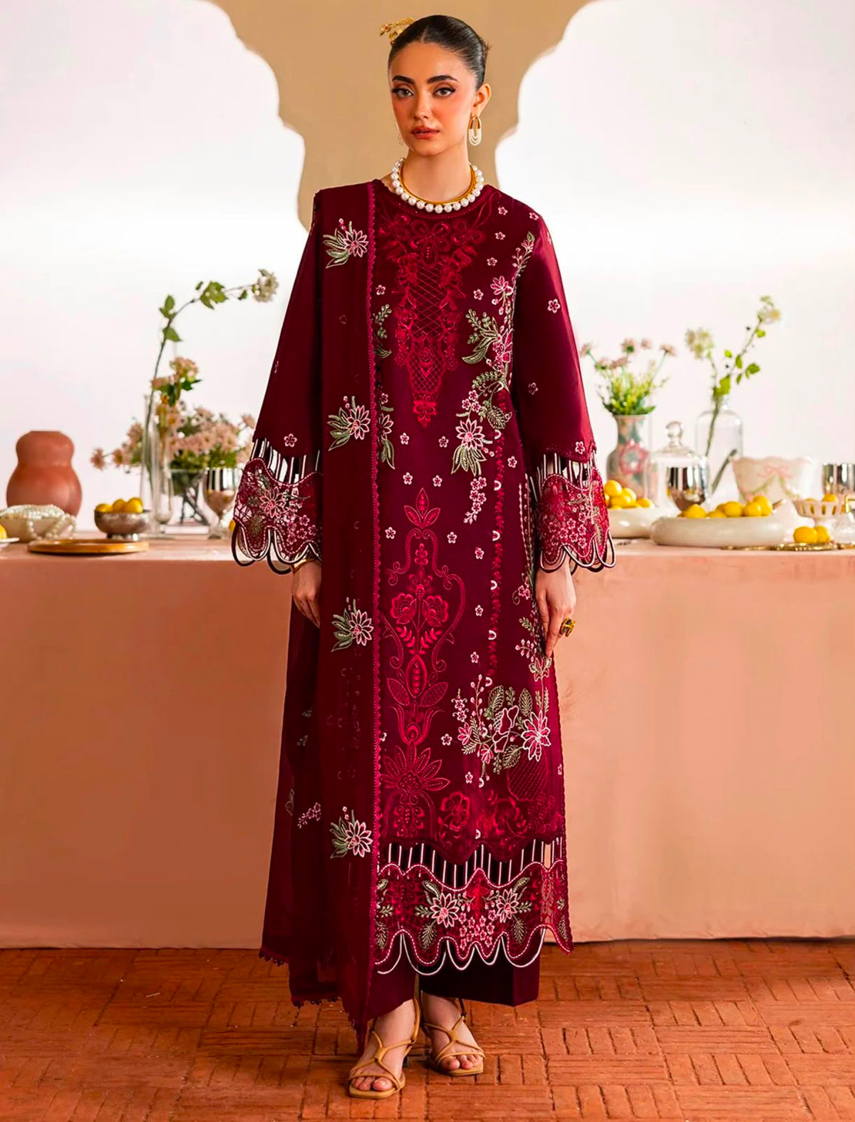 Mahnur Brand Heavy Embroidery Dhanak Fabric 3 Piece Unstitched Design With Embroidered Shawl ZN-1172