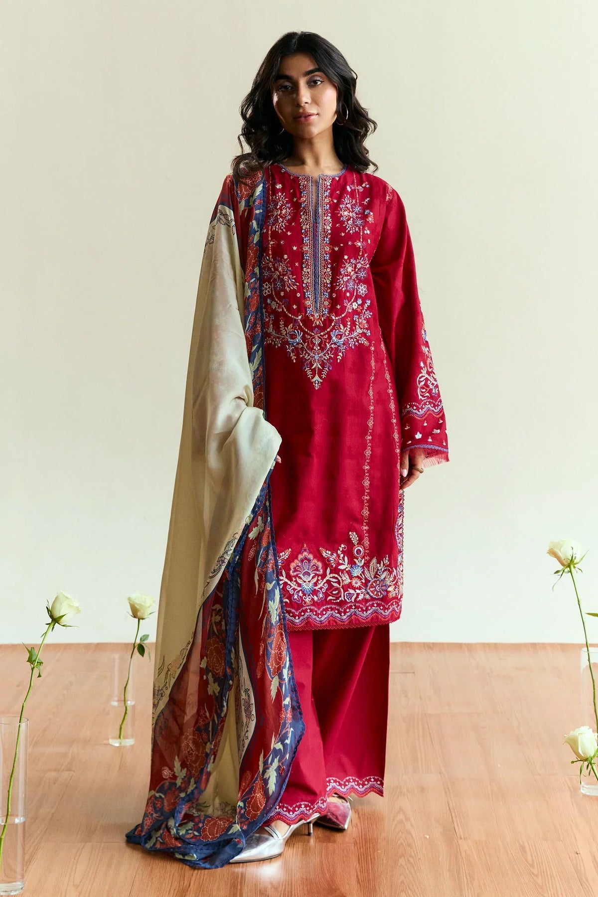 ZARA SHAH JAHAN - 3PC DHANAK EMBROIDERED SHIRT WITH TWILL PRINTED SHAWL AND TROUSER - ZN-1151