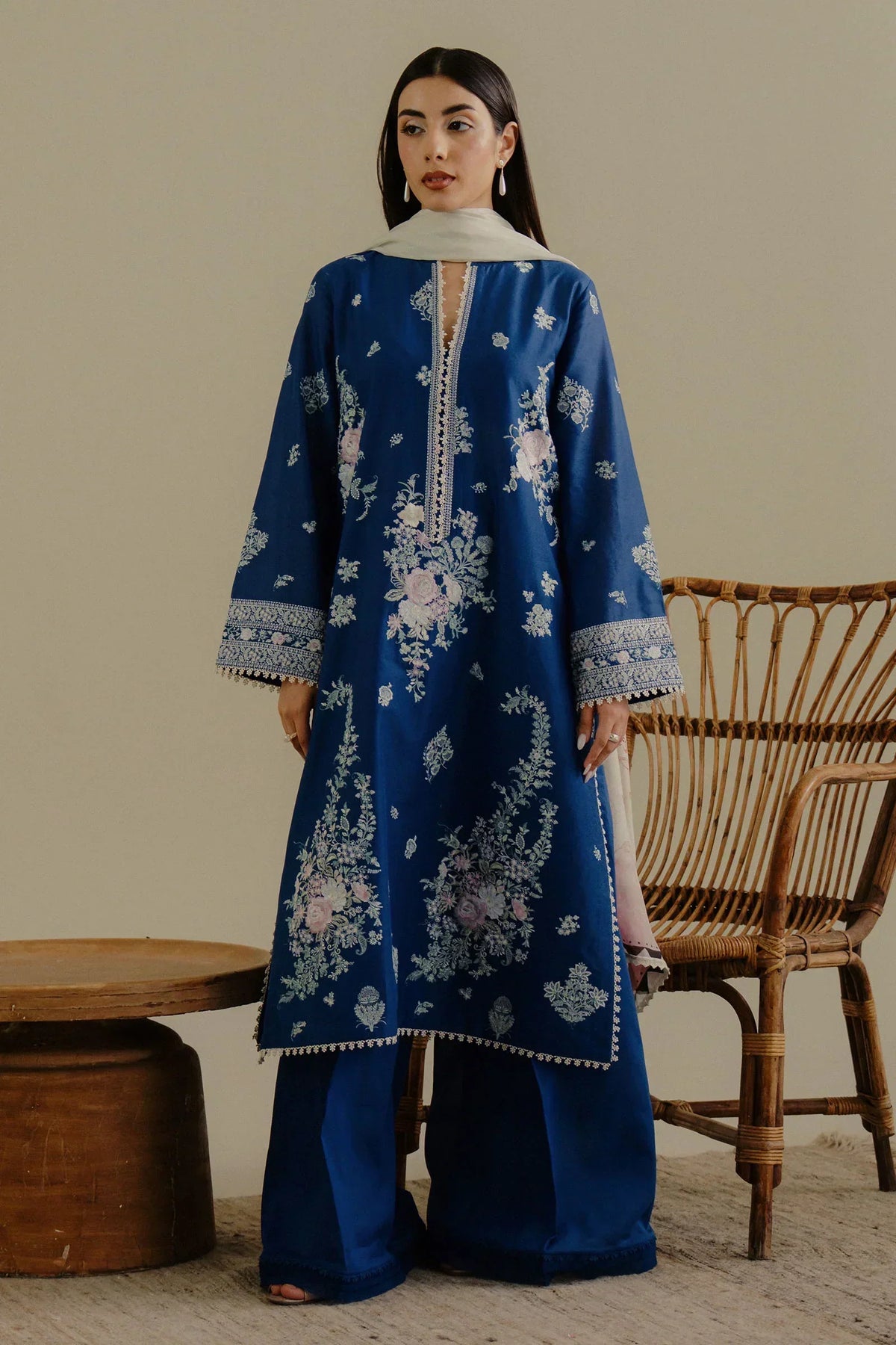 ZARA SHAH JAHAN - 3PC DHANAK EMBROIDERED SHIRT WITH TWILL PRINTED SHAWL AND TROUSER - ZN-1162