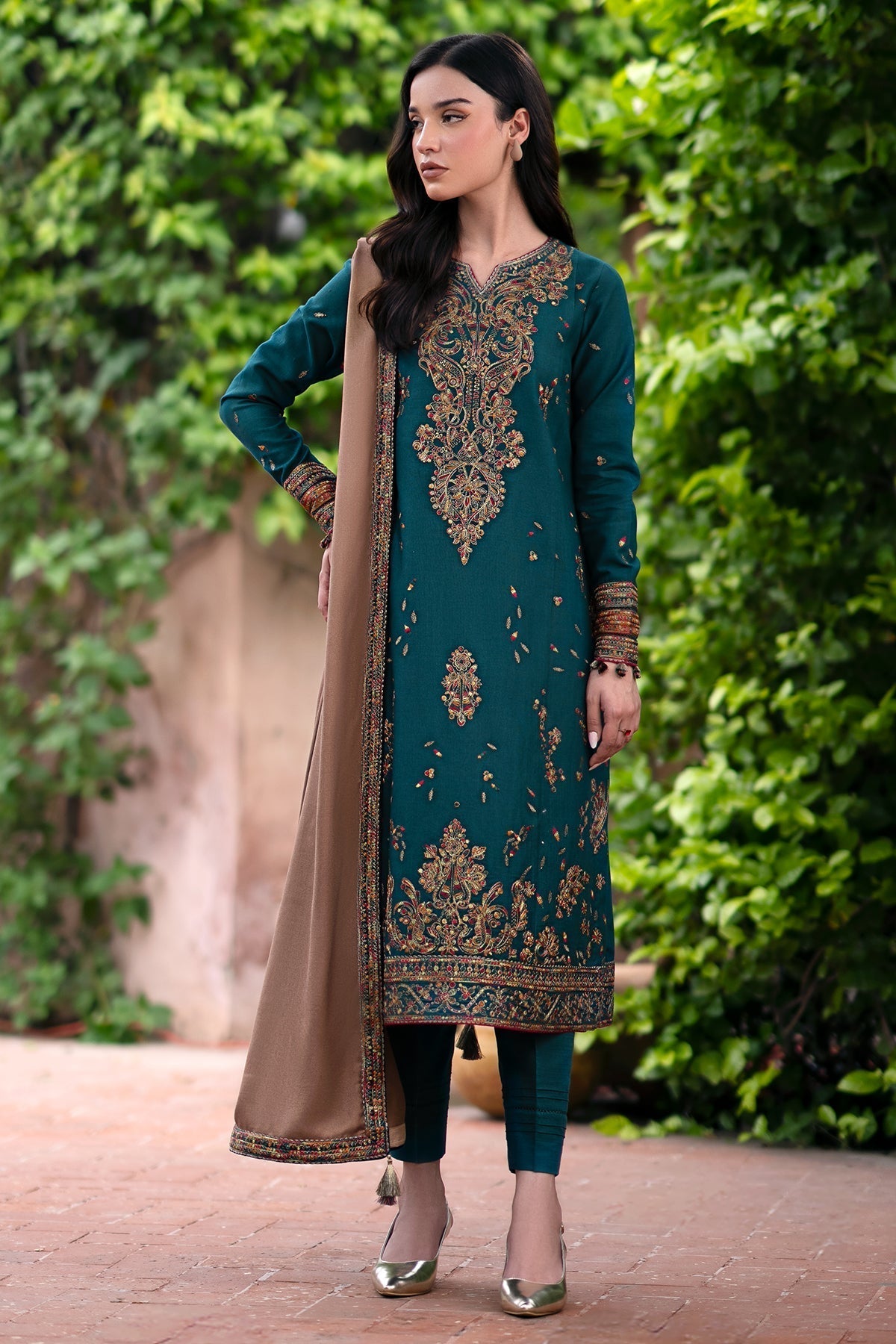 JAZMIN - 3PC DHANAK EMBROIDERED SHIRT WITH DHANAK EMBROIDERED SHAWL AND TROUSER - ZN-1157