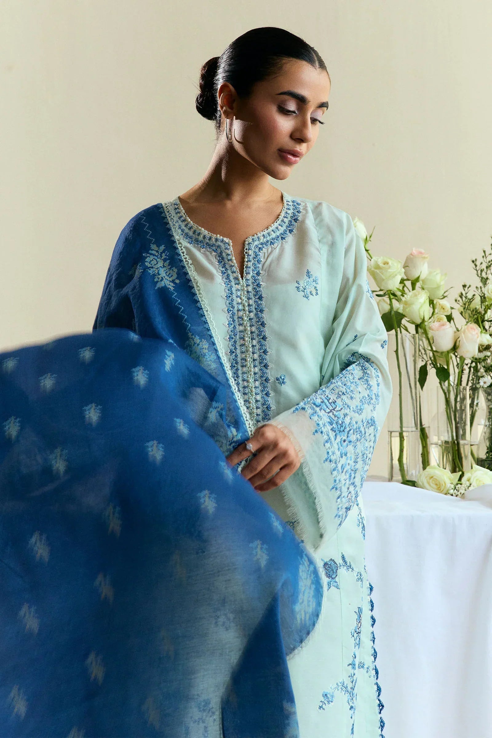 ZARA SHAH JAHAN - 3PC DHANAK EMBROIDERED SHIRT WITH TWILL PRINTED SHAWL AND TROUSER - ZN-1150