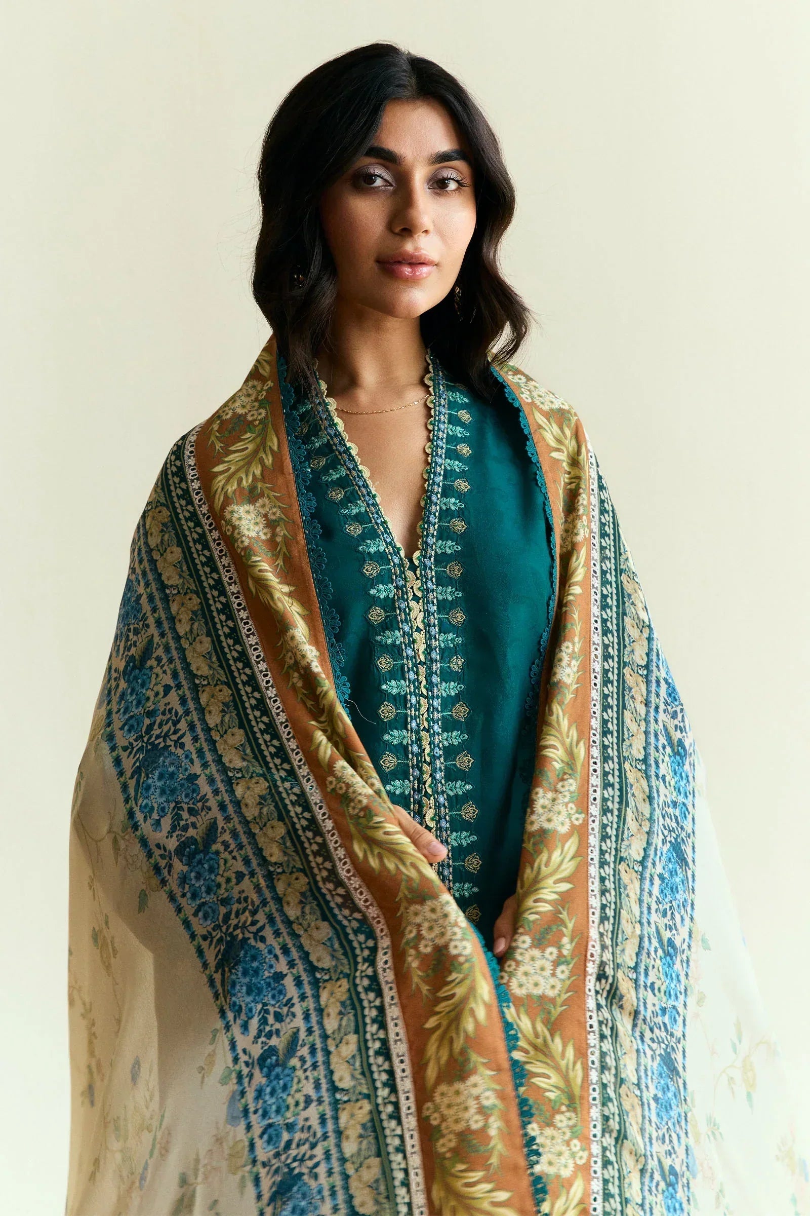ZARA SHAH JAHAN - 3PC DHANAK EMBROIDERED SHIRT WITH TWILL PRINTED SHAWL AND TROUSER - ZN-1154