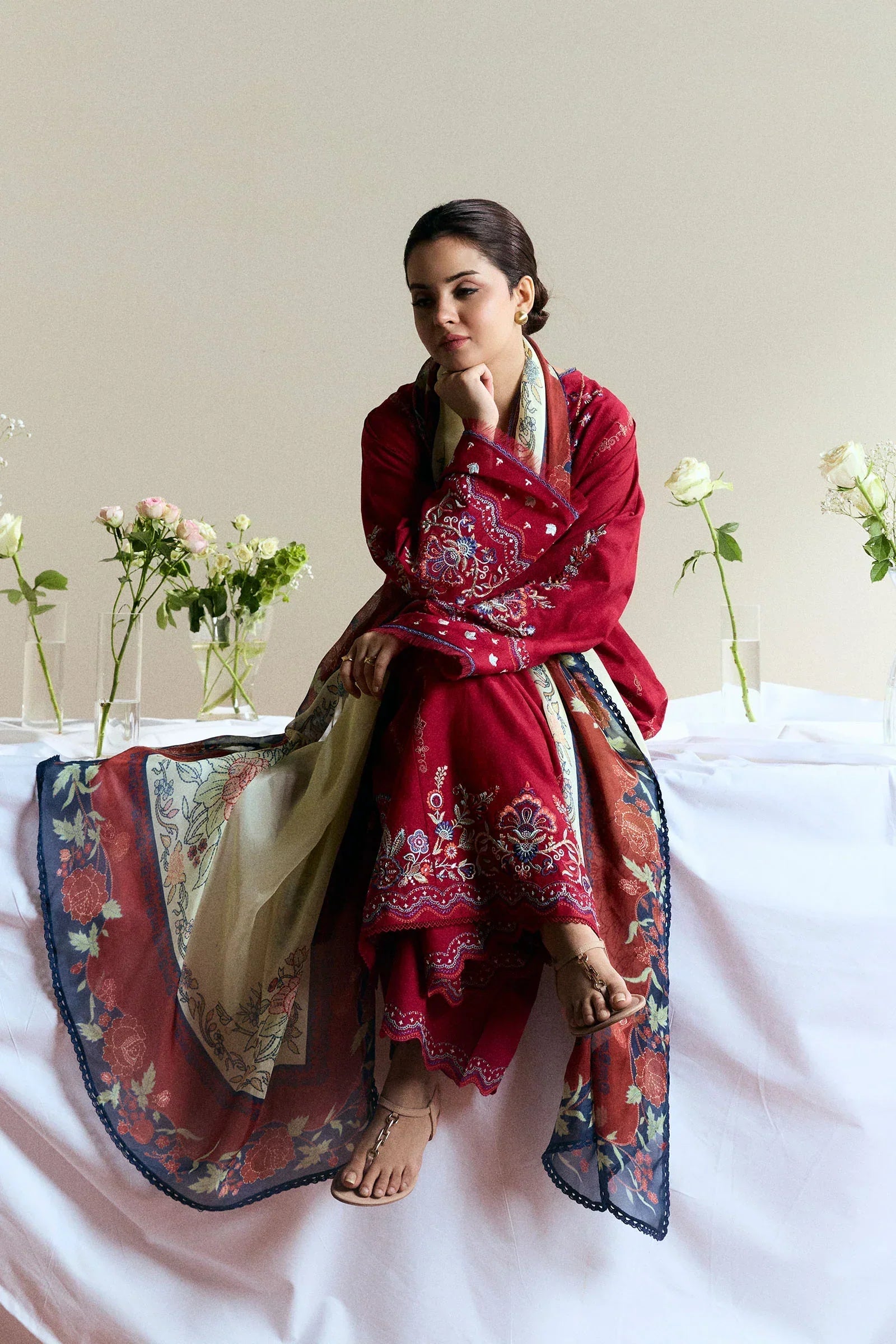 ZARA SHAH JAHAN - 3PC DHANAK EMBROIDERED SHIRT WITH TWILL PRINTED SHAWL AND TROUSER - ZN-1151
