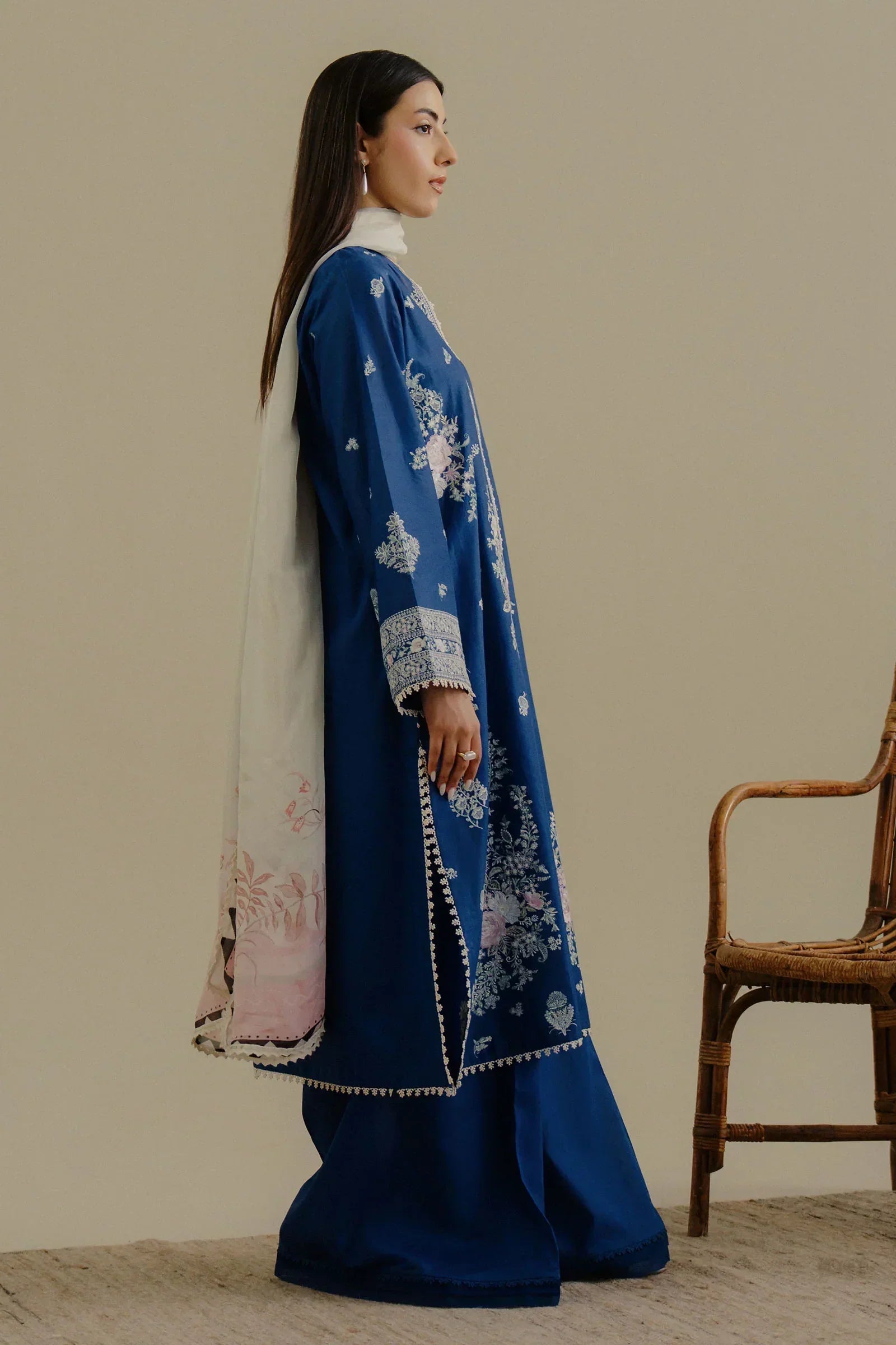 ZARA SHAH JAHAN - 3PC DHANAK EMBROIDERED SHIRT WITH TWILL PRINTED SHAWL AND TROUSER - ZN-1162