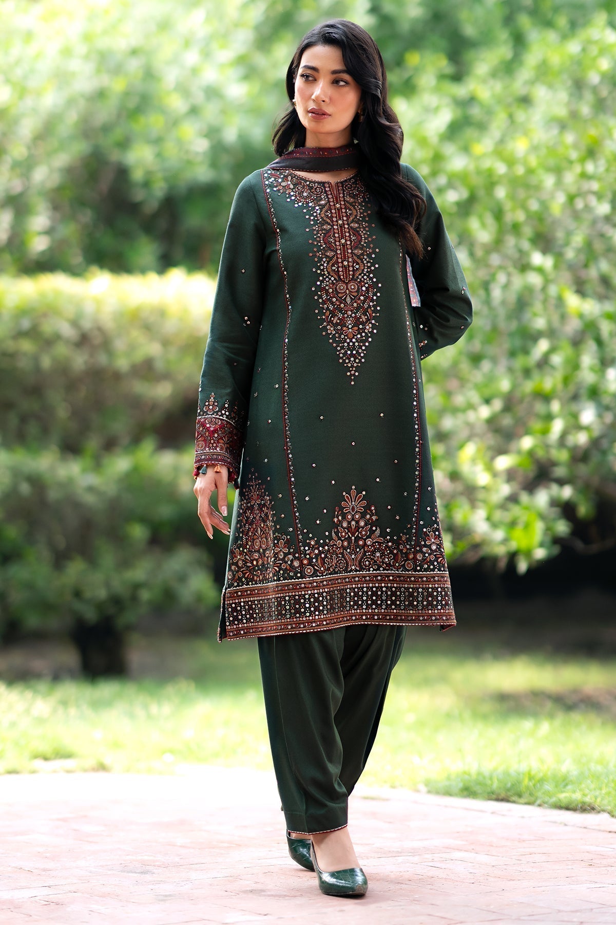 JAZMIN - 3PC DHANAK SEQUIN EMBROIDERED SHIRT WITH TWILL PRINTED SHAWL AND TROUSER - ZN-1158