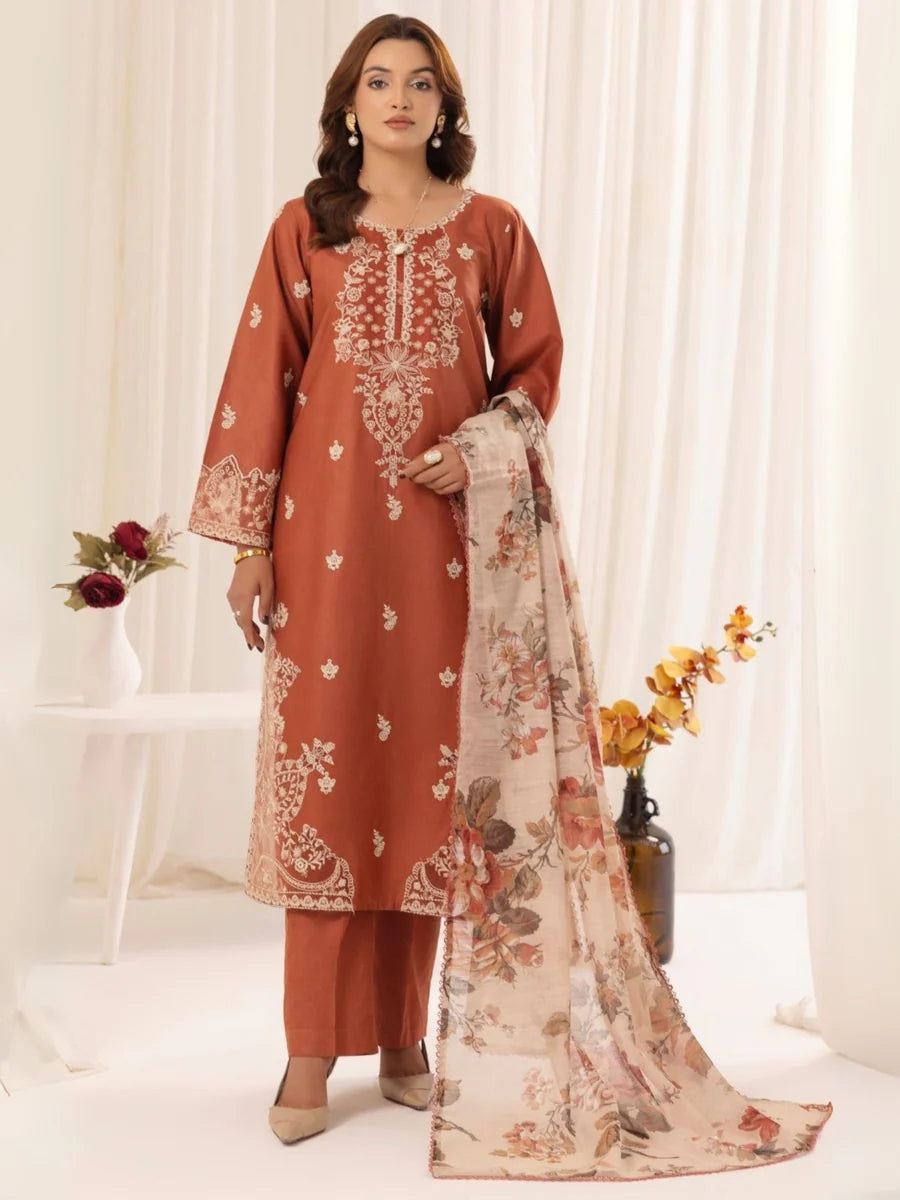 Mohagni-3PC DHANAK EMBROIDERED SHIRT WITH PRINTED PASHMINA SHAWL AND TROUSER ZDH-507