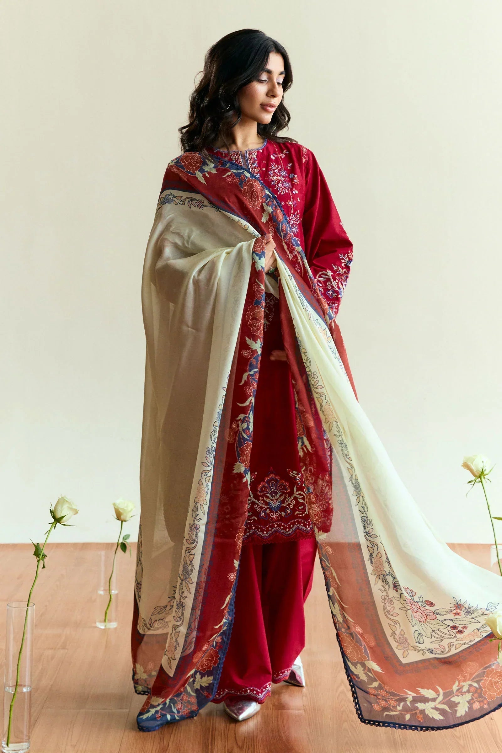 ZARA SHAH JAHAN - 3PC DHANAK EMBROIDERED SHIRT WITH TWILL PRINTED SHAWL AND TROUSER - ZN-1151