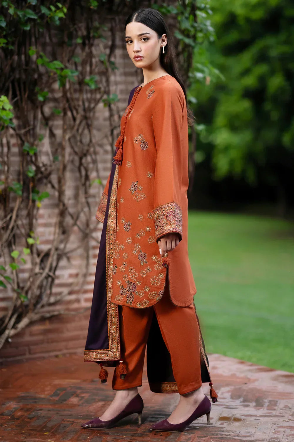 JAZMIN - 3PC DHANAK EMBROIDERED SHIRT WITH DHANAK EMBROIDERED SHAWL AND TROUSER - ZN-1156