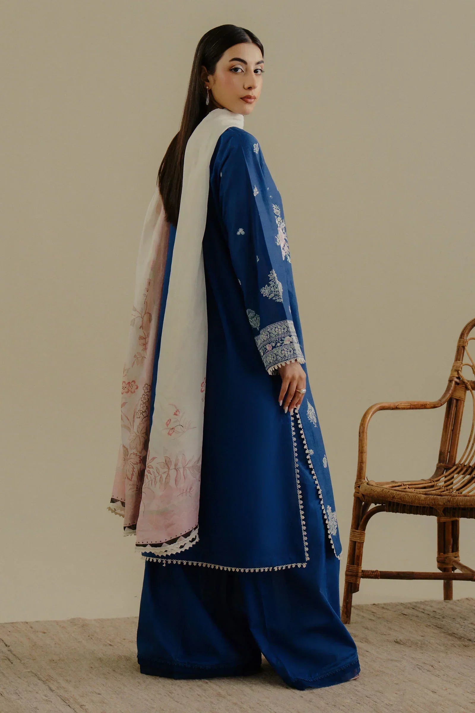 ZARA SHAH JAHAN - 3PC DHANAK EMBROIDERED SHIRT WITH TWILL PRINTED SHAWL AND TROUSER - ZN-1162