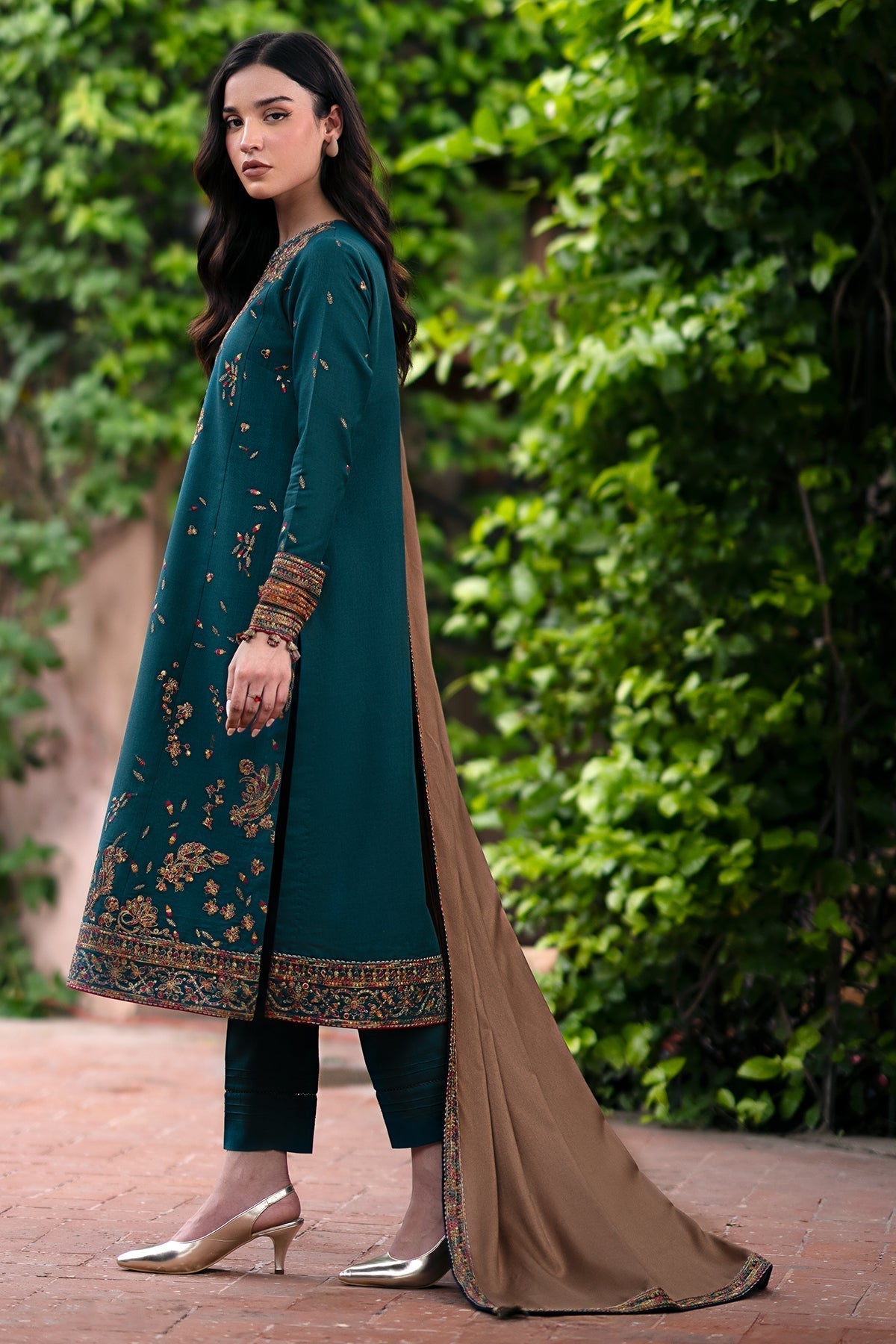 JAZMIN - 3PC DHANAK EMBROIDERED SHIRT WITH DHANAK EMBROIDERED SHAWL AND TROUSER - ZN-1157