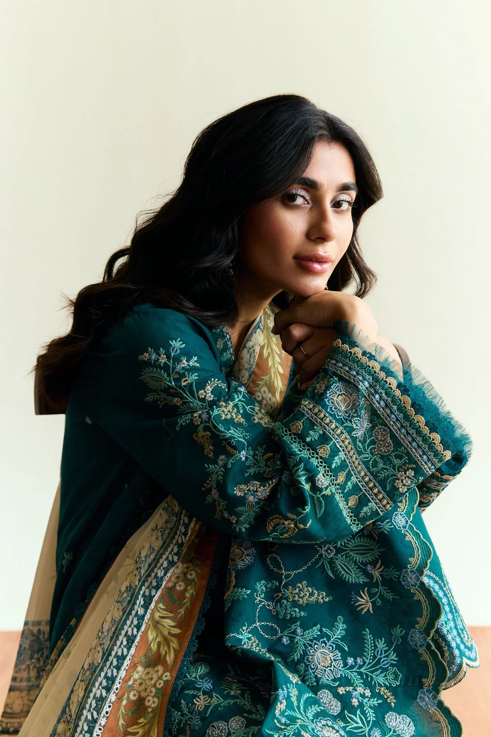ZARA SHAH JAHAN - 3PC DHANAK EMBROIDERED SHIRT WITH TWILL PRINTED SHAWL AND TROUSER - ZN-1154