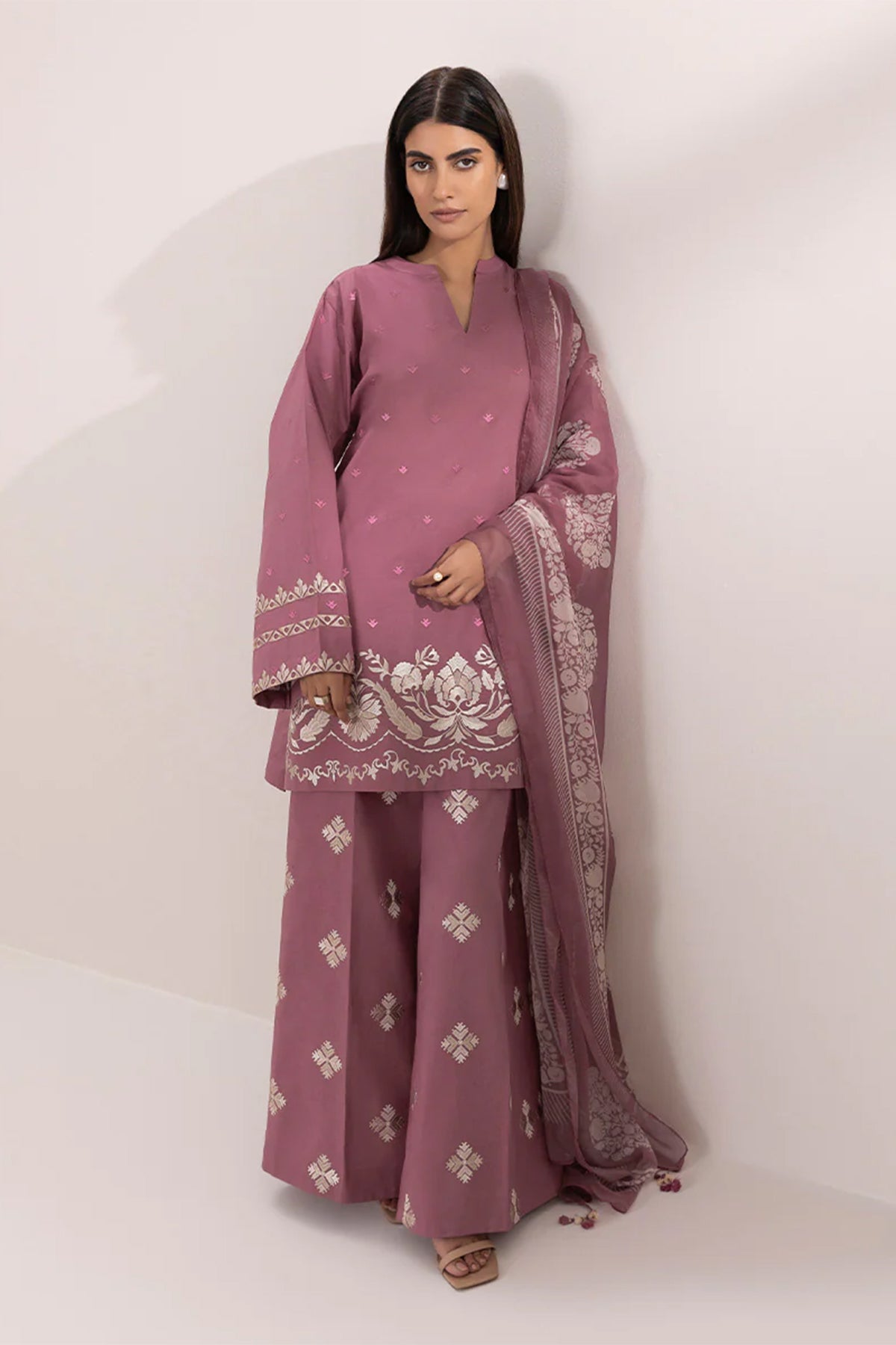 SAPPHIRE - 3PC DHANAK EMBROIDERED SHIRT WITH TWILL PRINTED SHAWL AND EMBROIDERED TROUSER - ZN-1003