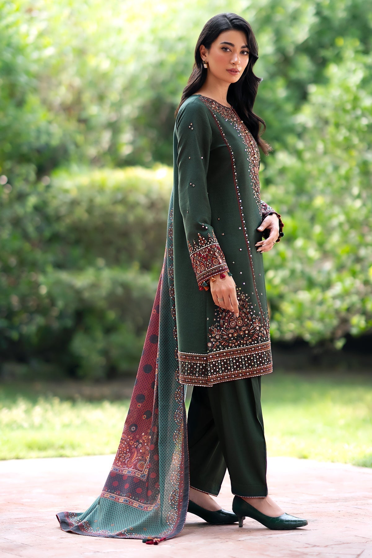 JAZMIN - 3PC DHANAK SEQUIN EMBROIDERED SHIRT WITH TWILL PRINTED SHAWL AND TROUSER - ZN-1158