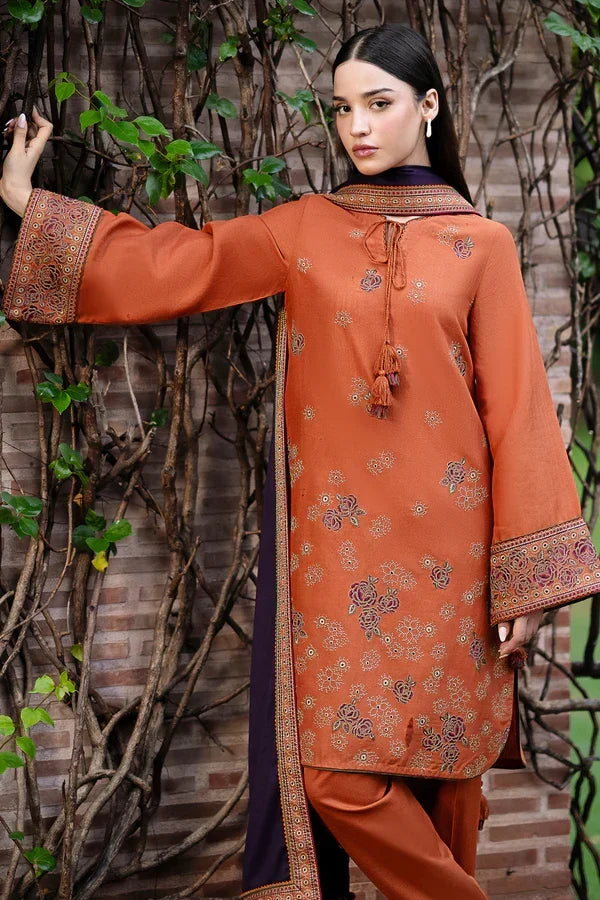 JAZMIN - 3PC DHANAK EMBROIDERED SHIRT WITH DHANAK EMBROIDERED SHAWL AND TROUSER - ZN-1156