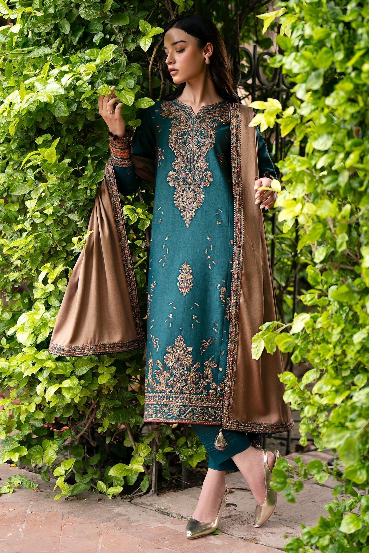 JAZMIN - 3PC DHANAK EMBROIDERED SHIRT WITH DHANAK EMBROIDERED SHAWL AND TROUSER - ZN-1157