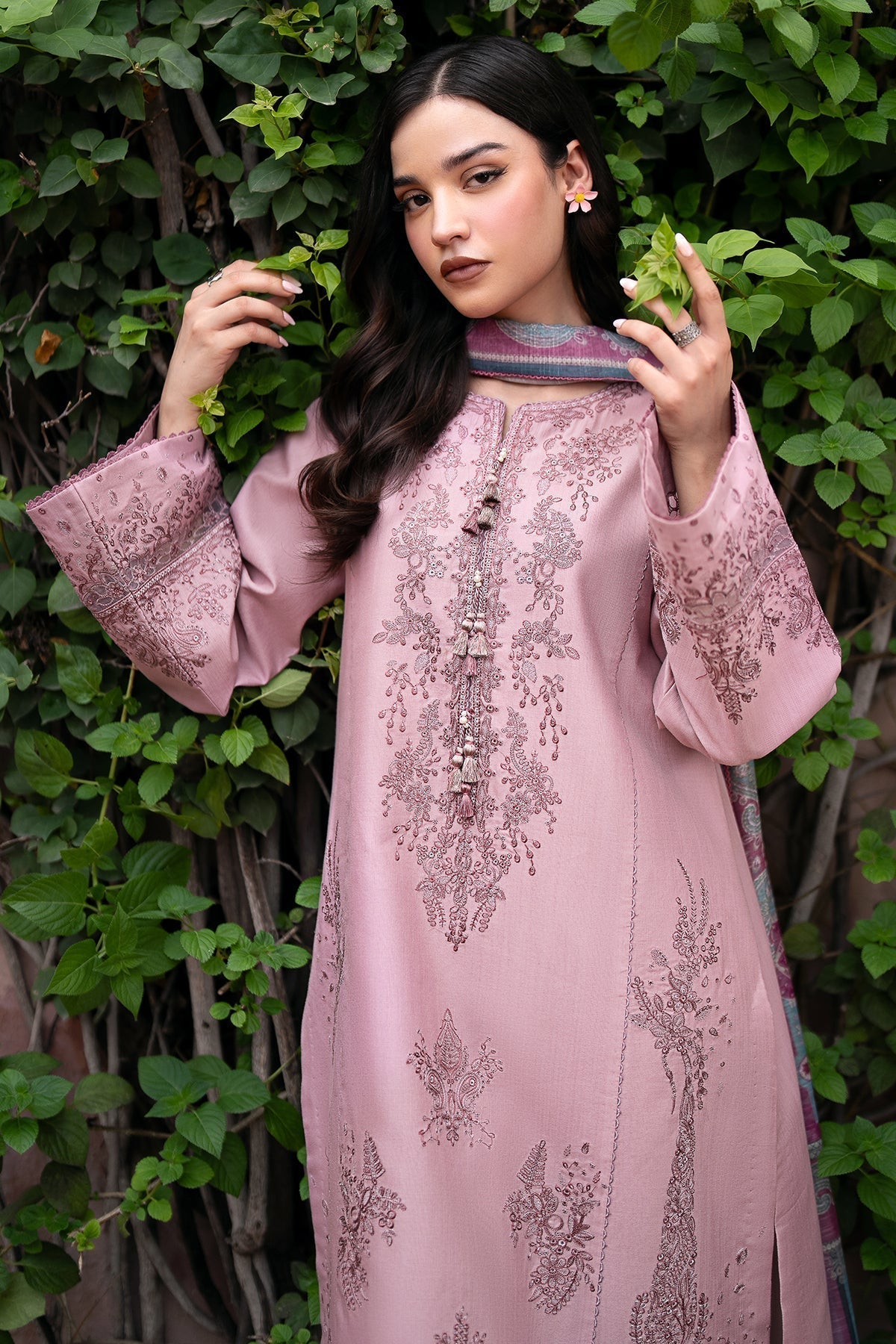 JAZMIN - 3PC DHANAK EMBROIDERED SHIRT WITH TWILL PRINTED SHAWL AND TROUSER - ZN-1166