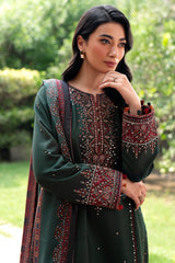 JAZMIN - 3PC DHANAK SEQUIN EMBROIDERED SHIRT WITH TWILL PRINTED SHAWL AND TROUSER - ZN-1158