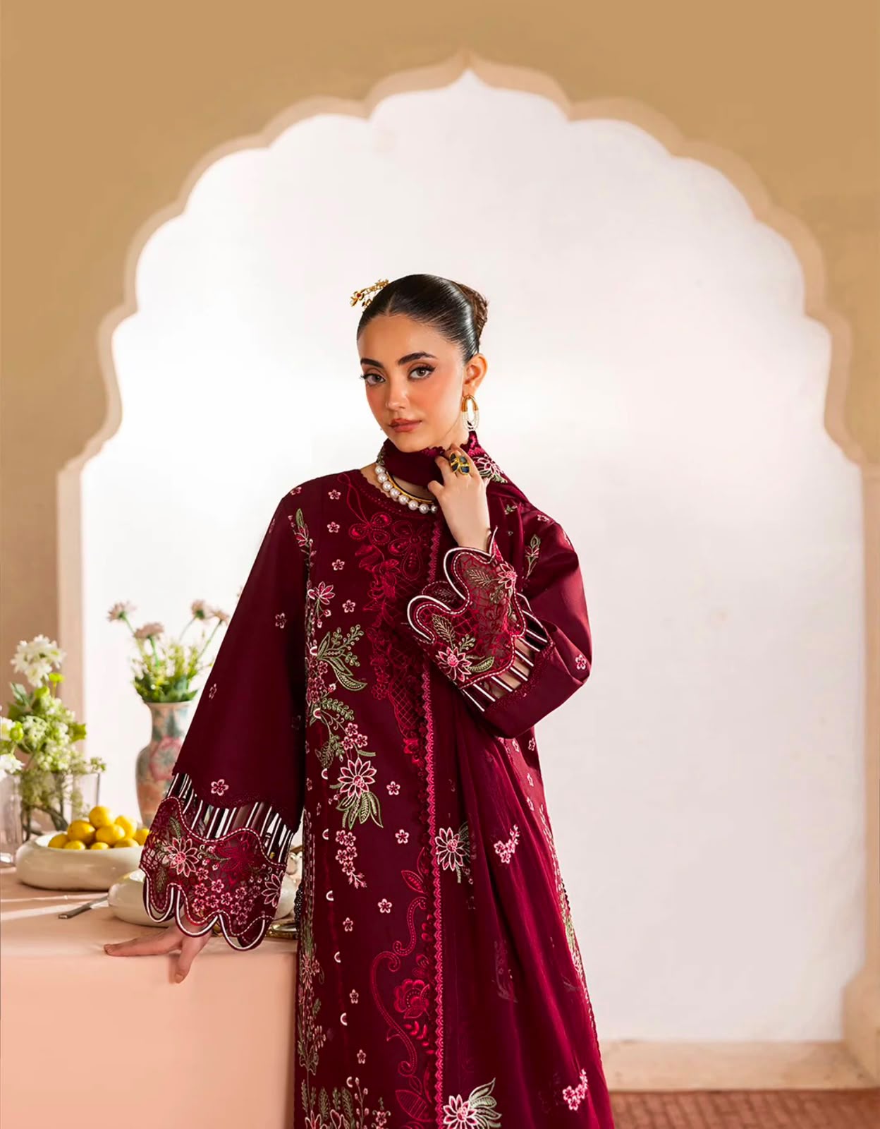 Mahnur Brand Heavy Embroidery Dhanak Fabric 3 Piece Unstitched Design With Embroidered Shawl ZN-1172