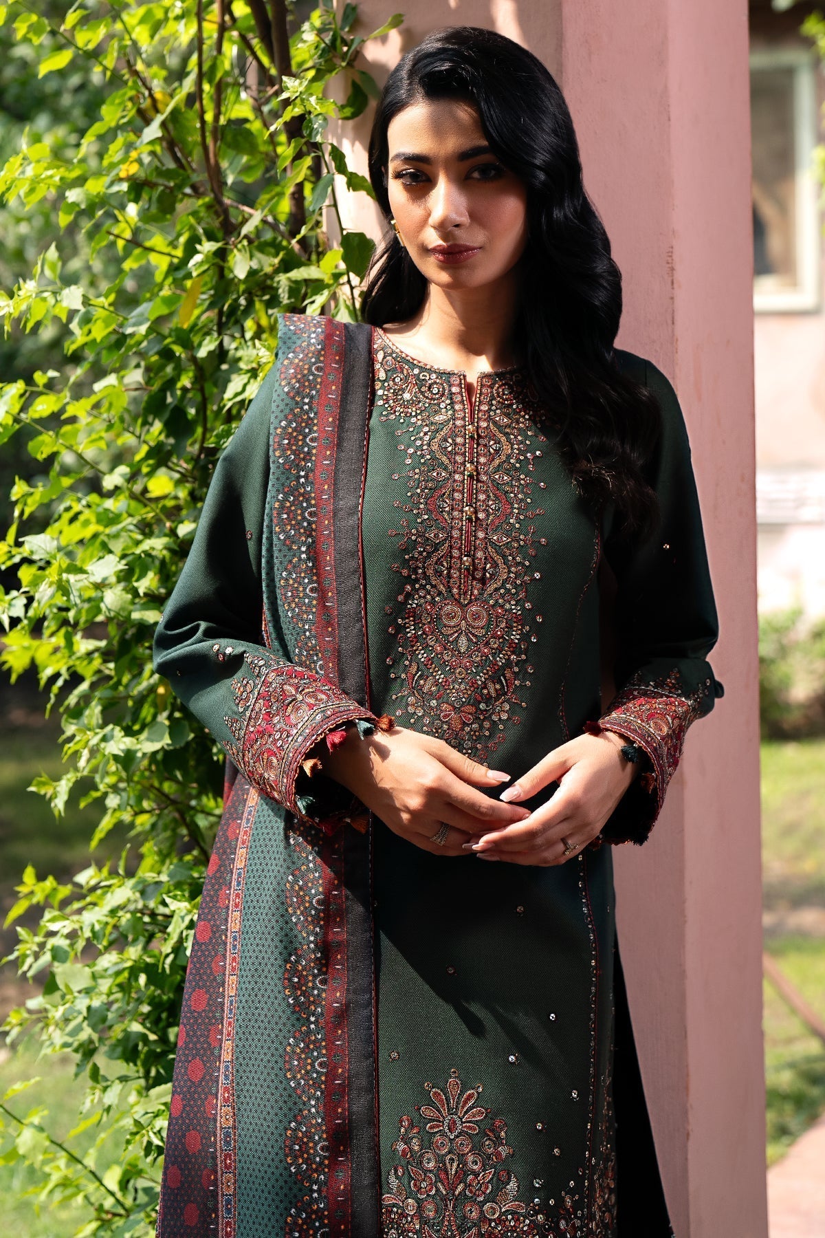 JAZMIN - 3PC DHANAK SEQUIN EMBROIDERED SHIRT WITH TWILL PRINTED SHAWL AND TROUSER - ZN-1158