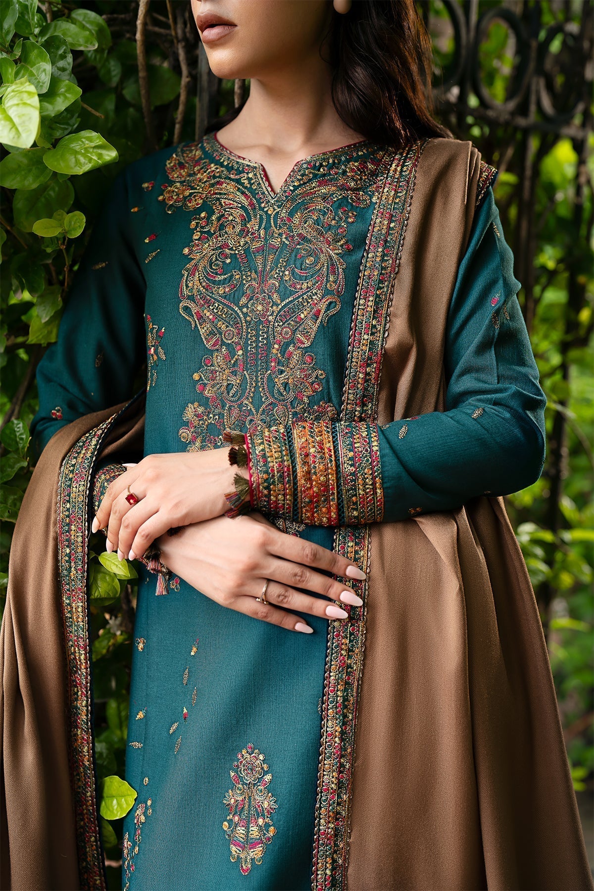 JAZMIN - 3PC DHANAK EMBROIDERED SHIRT WITH DHANAK EMBROIDERED SHAWL AND TROUSER - ZN-1157