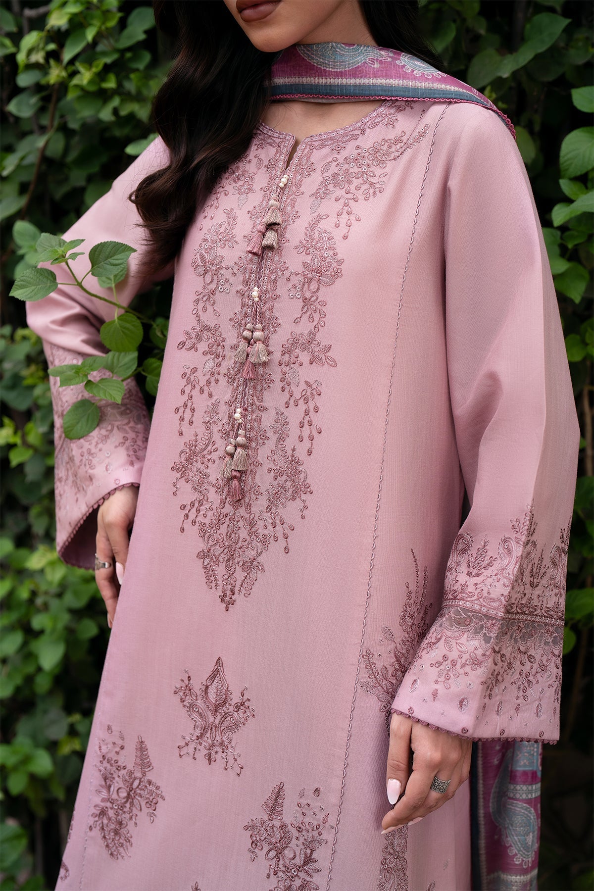 JAZMIN - 3PC DHANAK EMBROIDERED SHIRT WITH TWILL PRINTED SHAWL AND TROUSER - ZN-1166