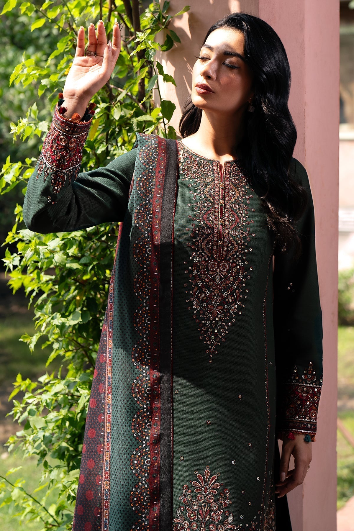 JAZMIN - 3PC DHANAK SEQUIN EMBROIDERED SHIRT WITH TWILL PRINTED SHAWL AND TROUSER - ZN-1158