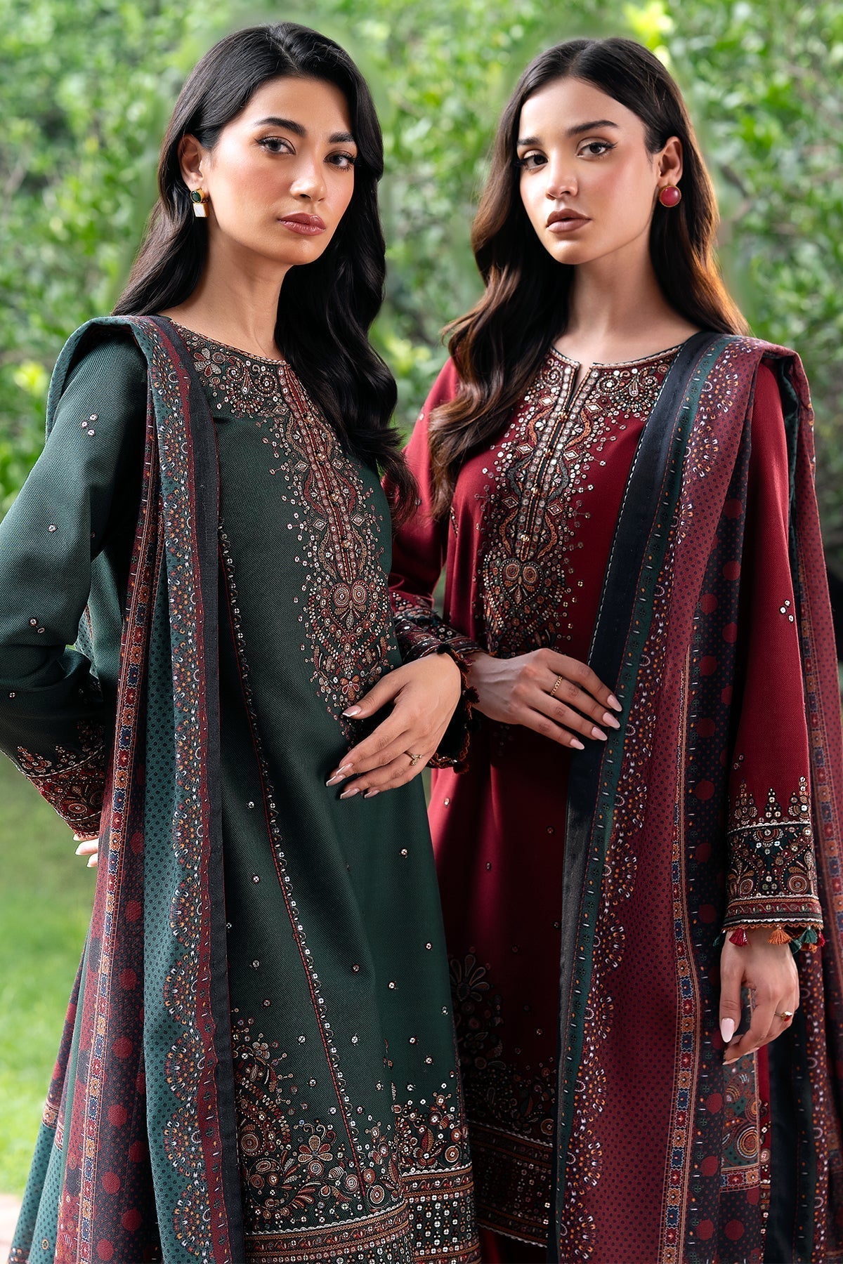 JAZMIN - 3PC DHANAK SEQUIN EMBROIDERED SHIRT WITH TWILL PRINTED SHAWL AND TROUSER - ZN-1158