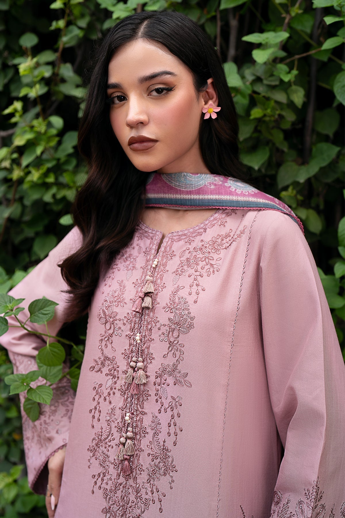JAZMIN - 3PC DHANAK EMBROIDERED SHIRT WITH TWILL PRINTED SHAWL AND TROUSER - ZN-1166