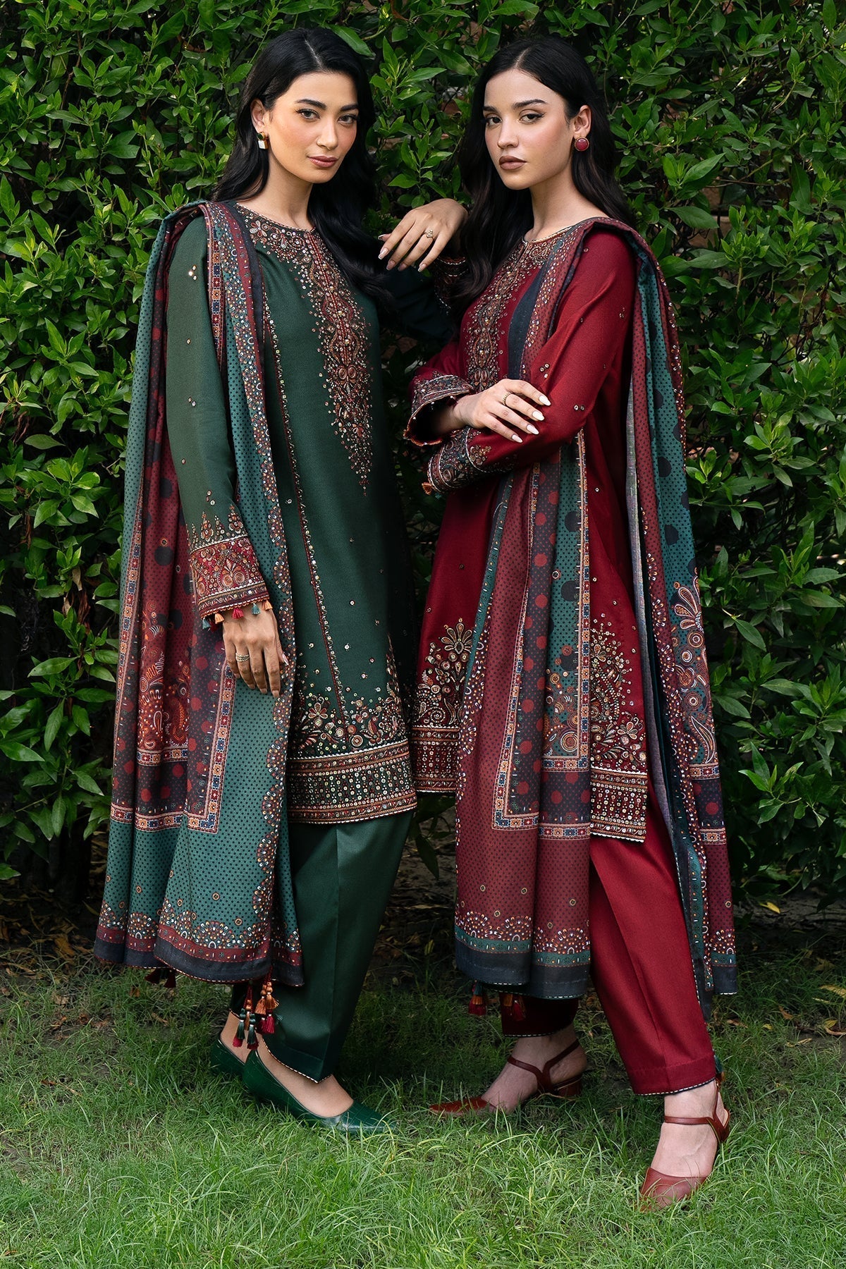 JAZMIN - 3PC DHANAK SEQUIN EMBROIDERED SHIRT WITH TWILL PRINTED SHAWL AND TROUSER - ZN-1158