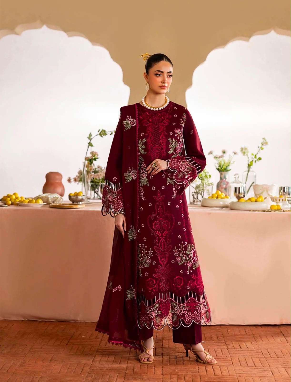 Mahnur Brand Heavy Embroidery Dhanak Fabric 3 Piece Unstitched Design With Embroidered Shawl ZN-1172