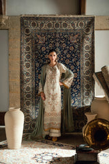FLORENT - 3PC DHANAK EMBROIDERED SHIRT WITH DHANAK EMBROIDERED SHAWL AND TROUSER - ZN-1187