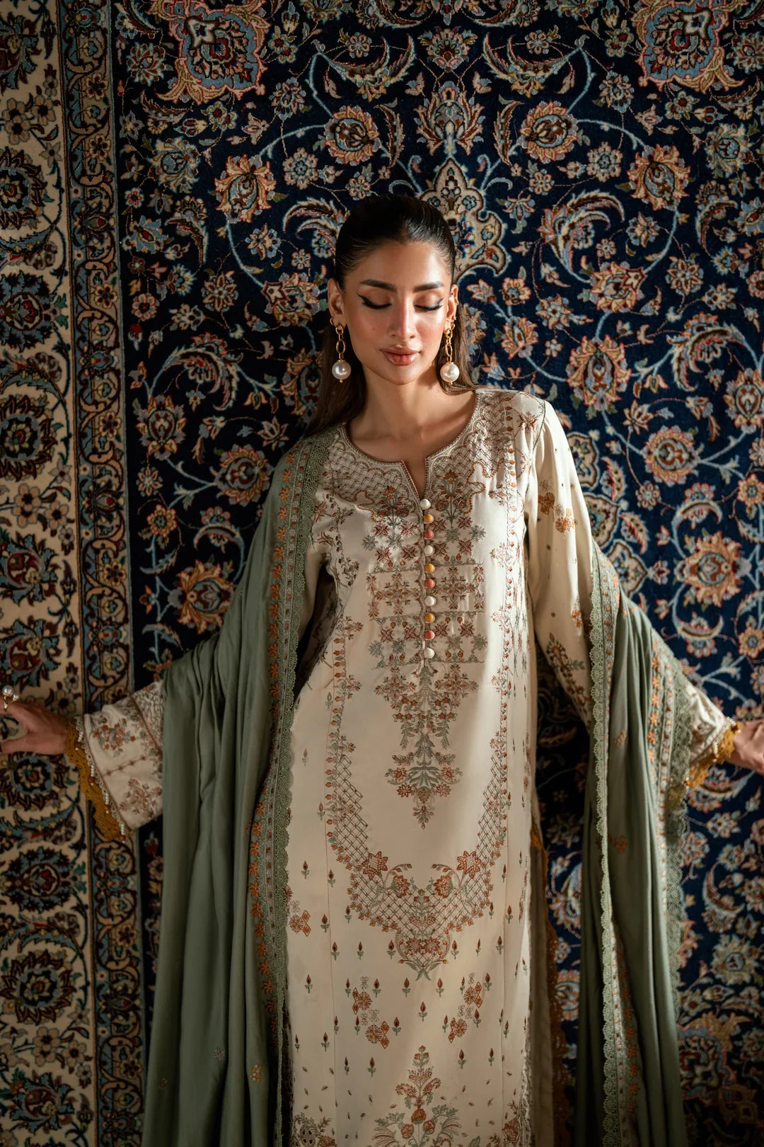FLORENT - 3PC DHANAK EMBROIDERED SHIRT WITH DHANAK EMBROIDERED SHAWL AND TROUSER - ZN-1187