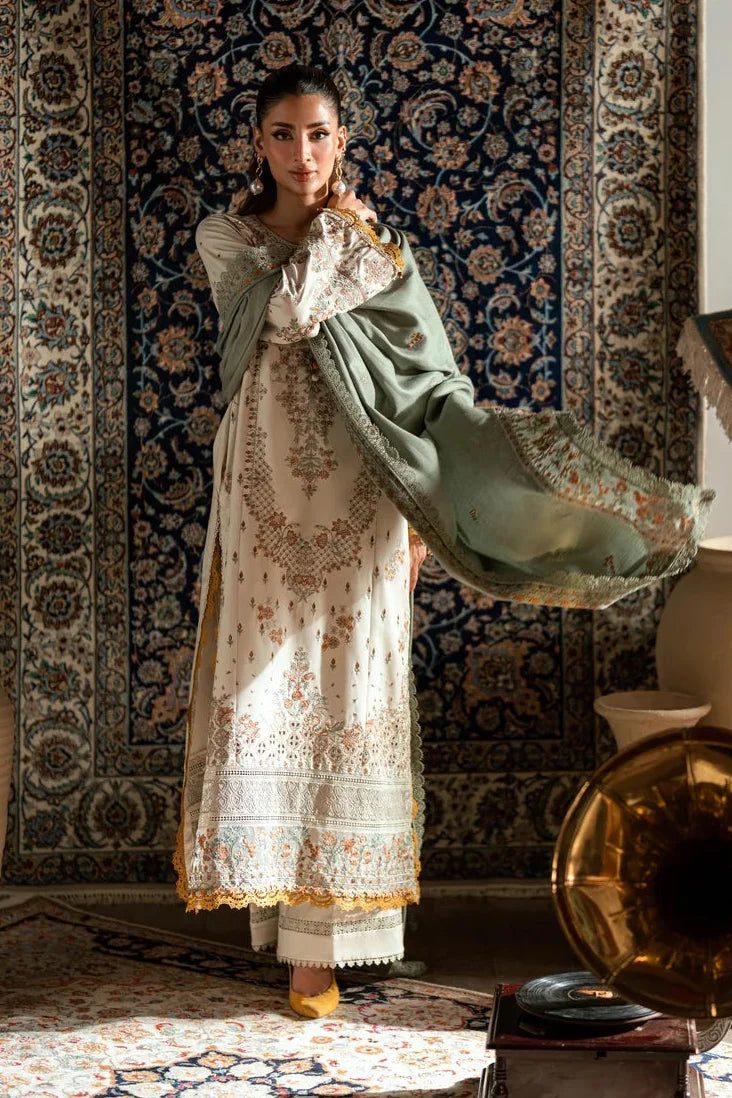 FLORENT - 3PC DHANAK EMBROIDERED SHIRT WITH DHANAK EMBROIDERED SHAWL AND TROUSER - ZN-1187