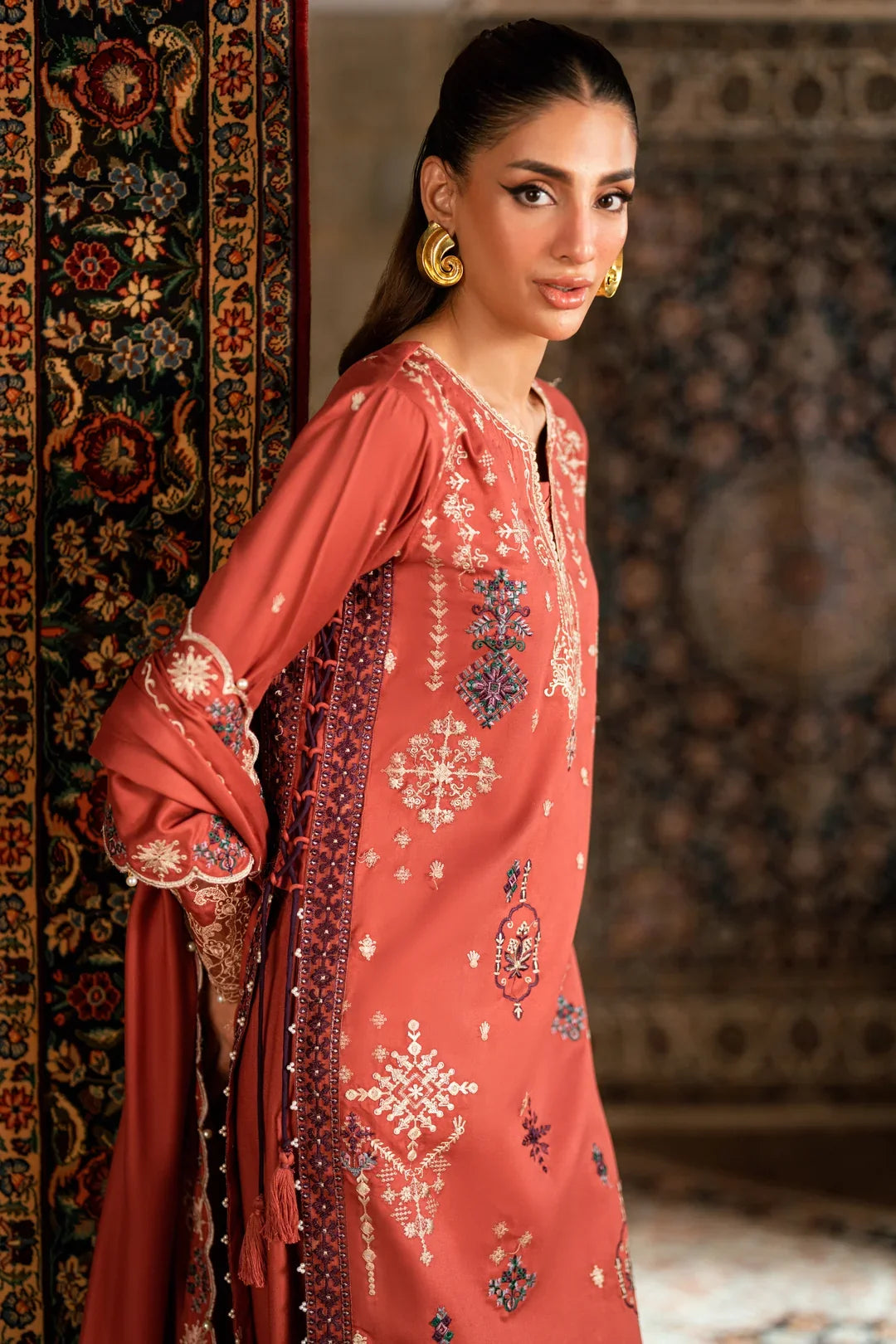 FLORENT - 3PC DHANAK EMBROIDERED SHIRT WITH DHANAK EMBROIDERED SHAWL AND TROUSER - ZN-1185