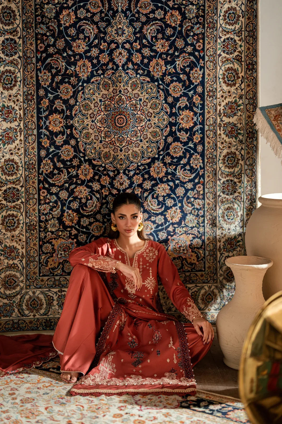 FLORENT - 3PC DHANAK EMBROIDERED SHIRT WITH DHANAK EMBROIDERED SHAWL AND TROUSER - ZN-1185