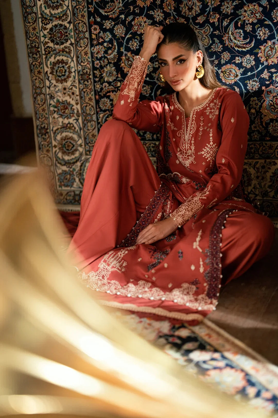 FLORENT - 3PC DHANAK EMBROIDERED SHIRT WITH DHANAK EMBROIDERED SHAWL AND TROUSER - ZN-1185