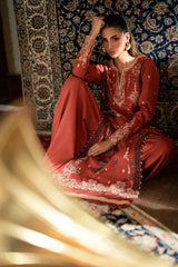 FLORENT - 3PC DHANAK EMBROIDERED SHIRT WITH DHANAK EMBROIDERED SHAWL AND TROUSER - ZN-1185