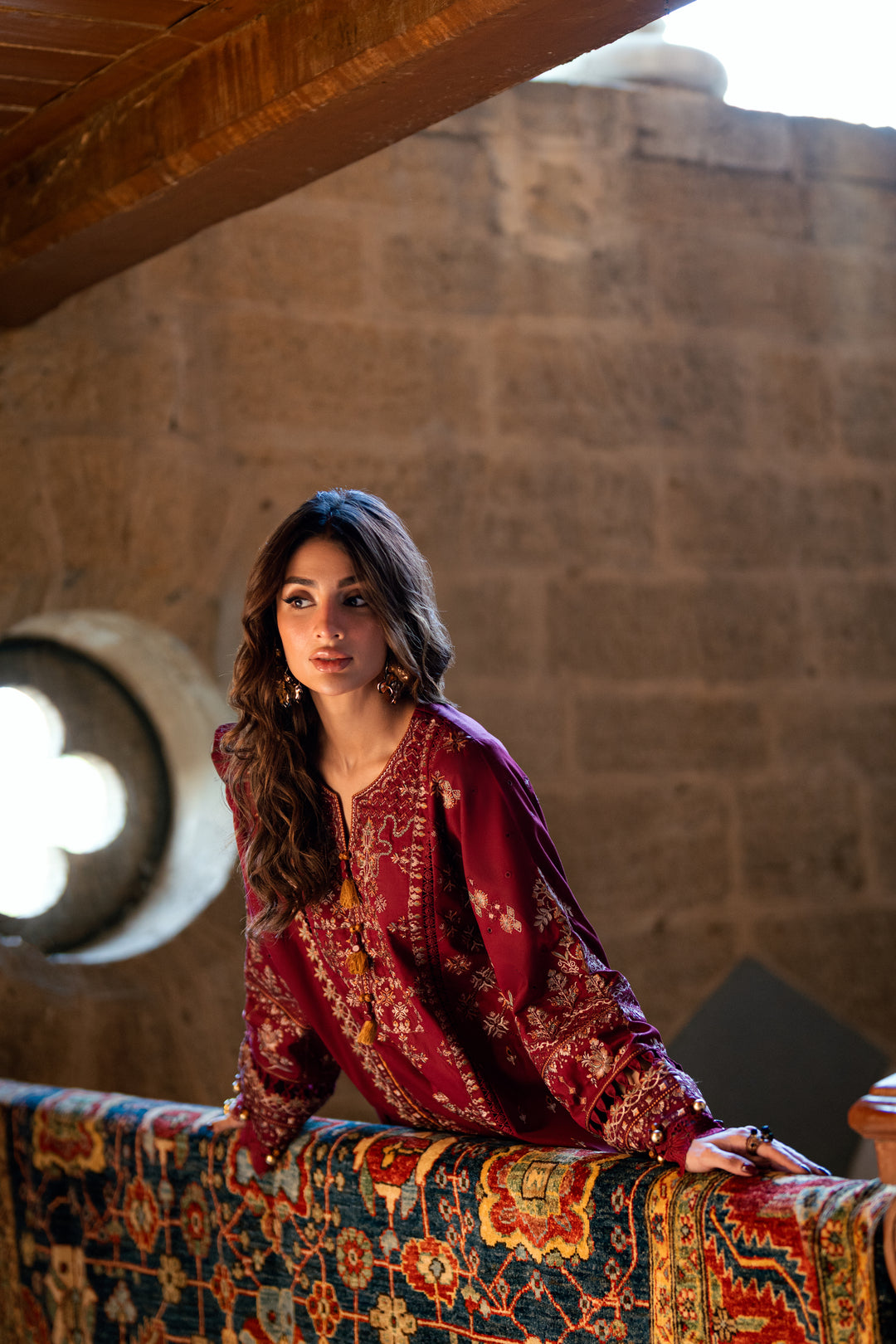 FLORENT - 3PC DHANAK EMBROIDERED SHIRT WITH DHANAK EMBROIDERED SHAWL AND TROUSER - ZN-1186