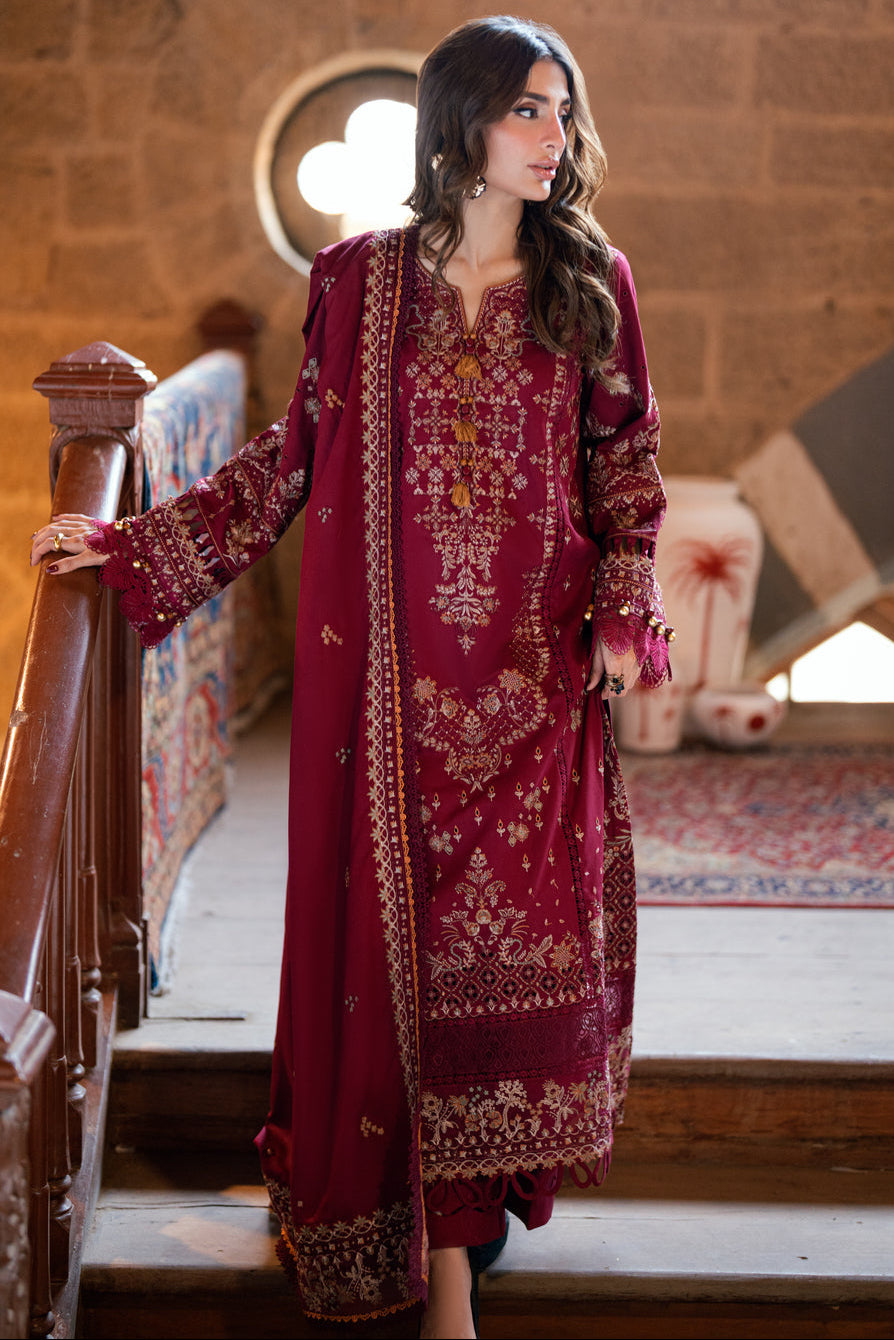 FLORENT - 3PC DHANAK EMBROIDERED SHIRT WITH DHANAK EMBROIDERED SHAWL AND TROUSER - ZN-1186
