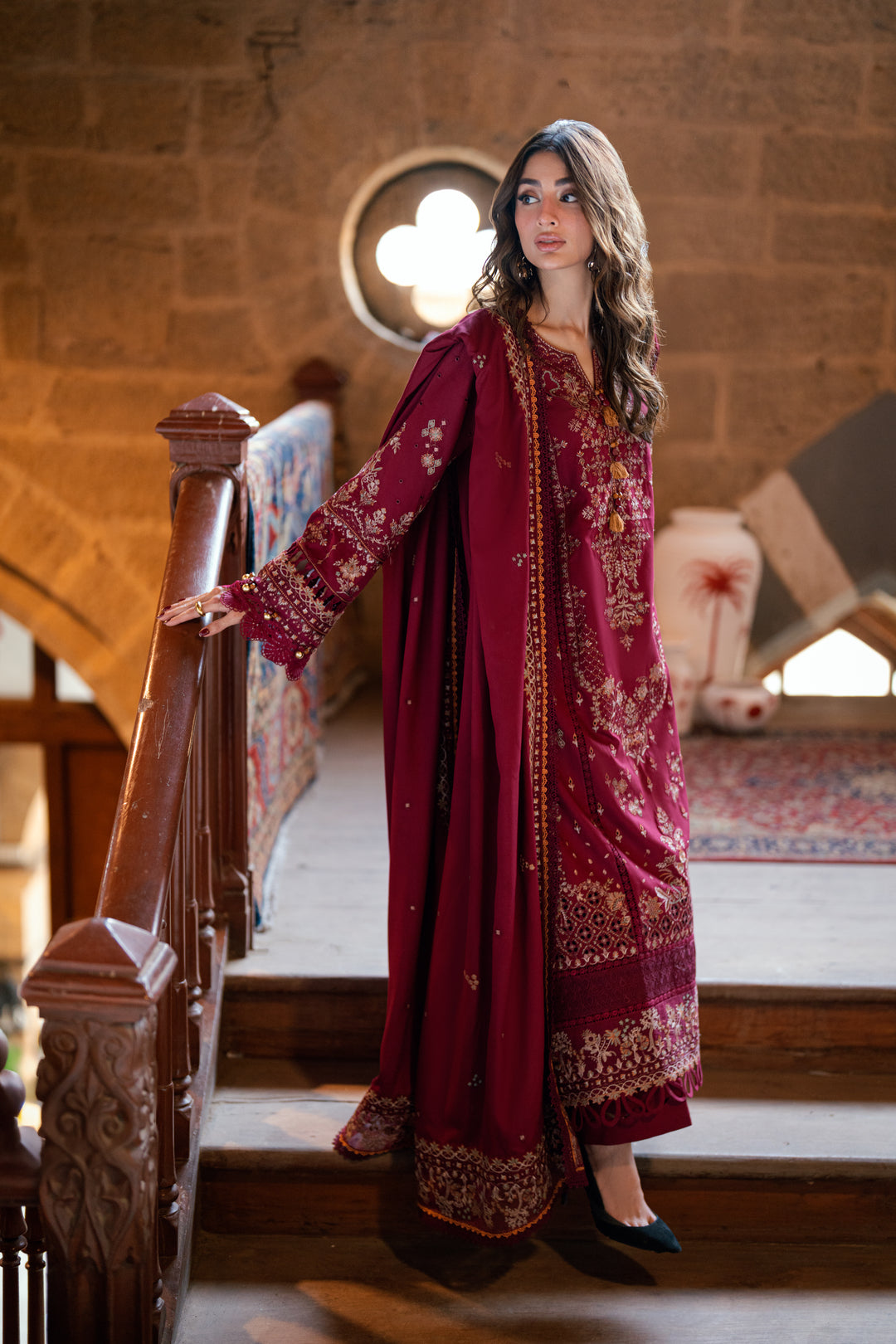 FLORENT - 3PC DHANAK EMBROIDERED SHIRT WITH DHANAK EMBROIDERED SHAWL AND TROUSER - ZN-1186