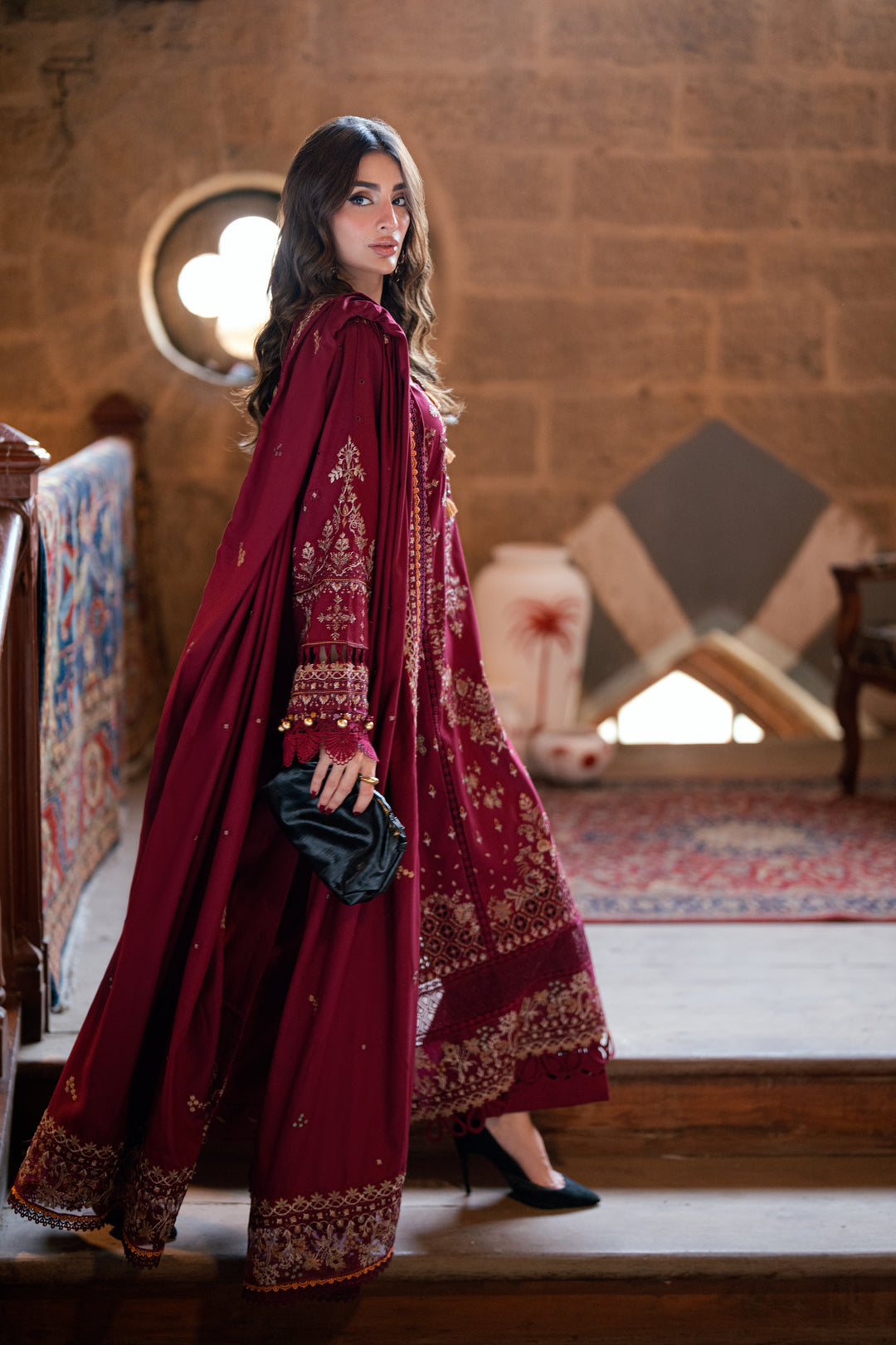 FLORENT - 3PC DHANAK EMBROIDERED SHIRT WITH DHANAK EMBROIDERED SHAWL AND TROUSER - ZN-1186
