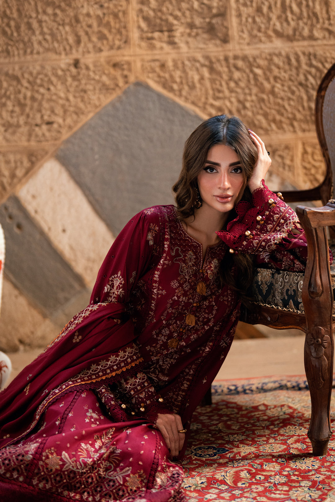 FLORENT - 3PC DHANAK EMBROIDERED SHIRT WITH DHANAK EMBROIDERED SHAWL AND TROUSER - ZN-1186