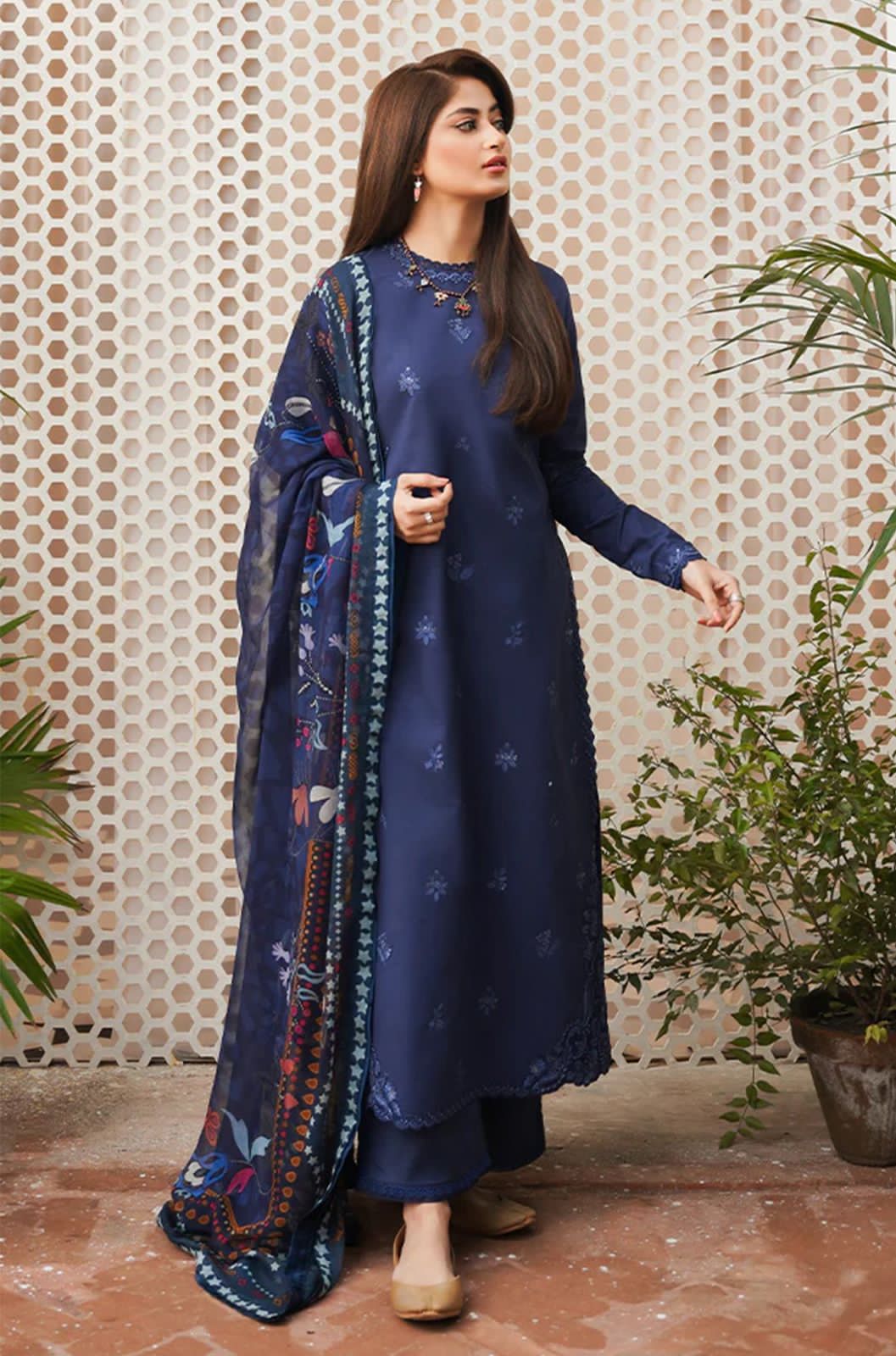 Seran-3PC DHANAK EMBROIDERED SHIRT WITH PRINTED PASHMINA SHAWL AND TROUSER ZDH-501
