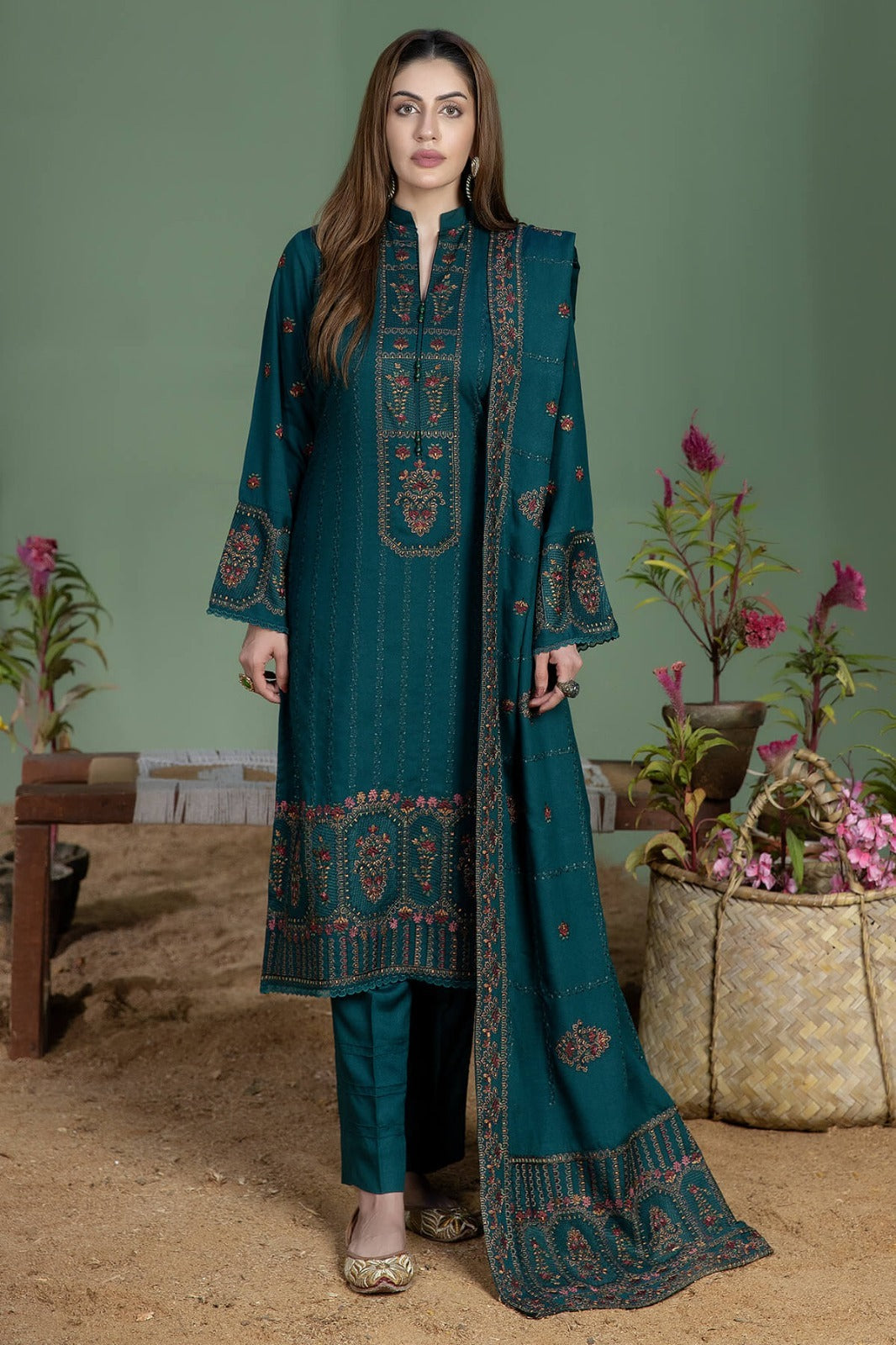 Mohagni-3PC DHANAK EMBROIDERED SHIRT WITH DHANAK EMBROIDERED SHAWL AND TROUSER ZDH-502