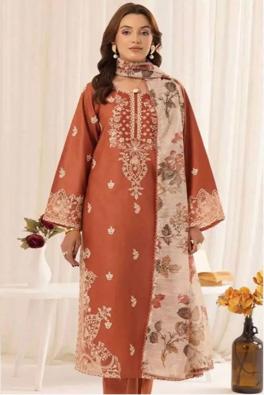 Mohagni-3PC DHANAK EMBROIDERED SHIRT WITH PRINTED PASHMINA SHAWL AND TROUSER ZDH-507