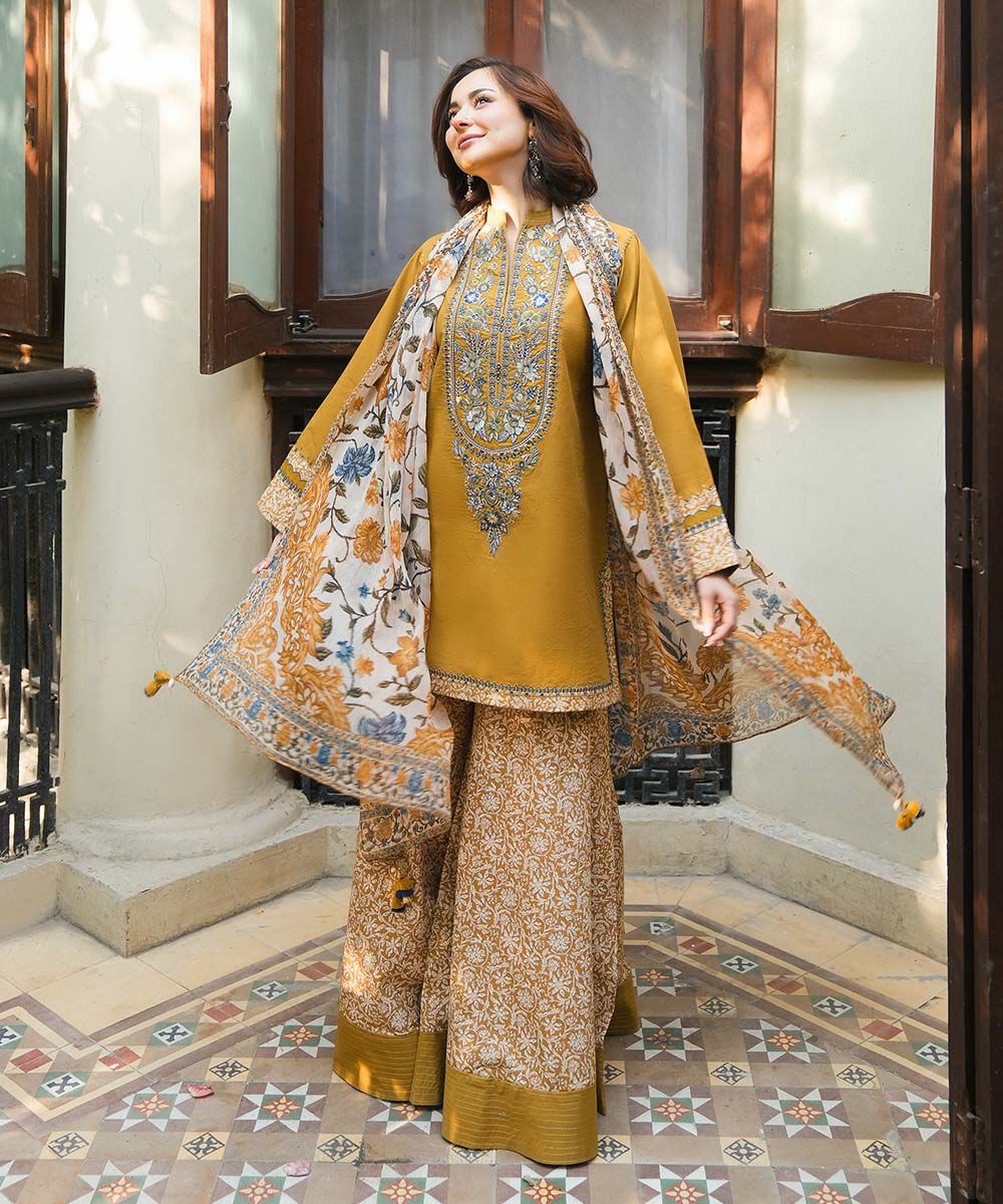 Sapphire-3PC DHANAK EMBROIDERED SHIRT WITH PRINTED PASHMINA SHAWL AND TROUSER ZDH-506