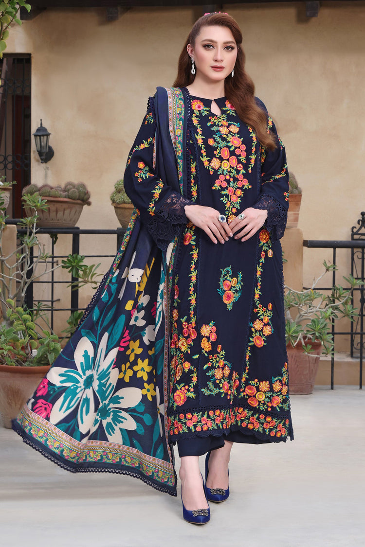 Asim Jofa-3PC DHANAK EMBROIDERED SHIRT WITH PRINTED PASHMINA SHAWL AND TROUSER ZDH-513